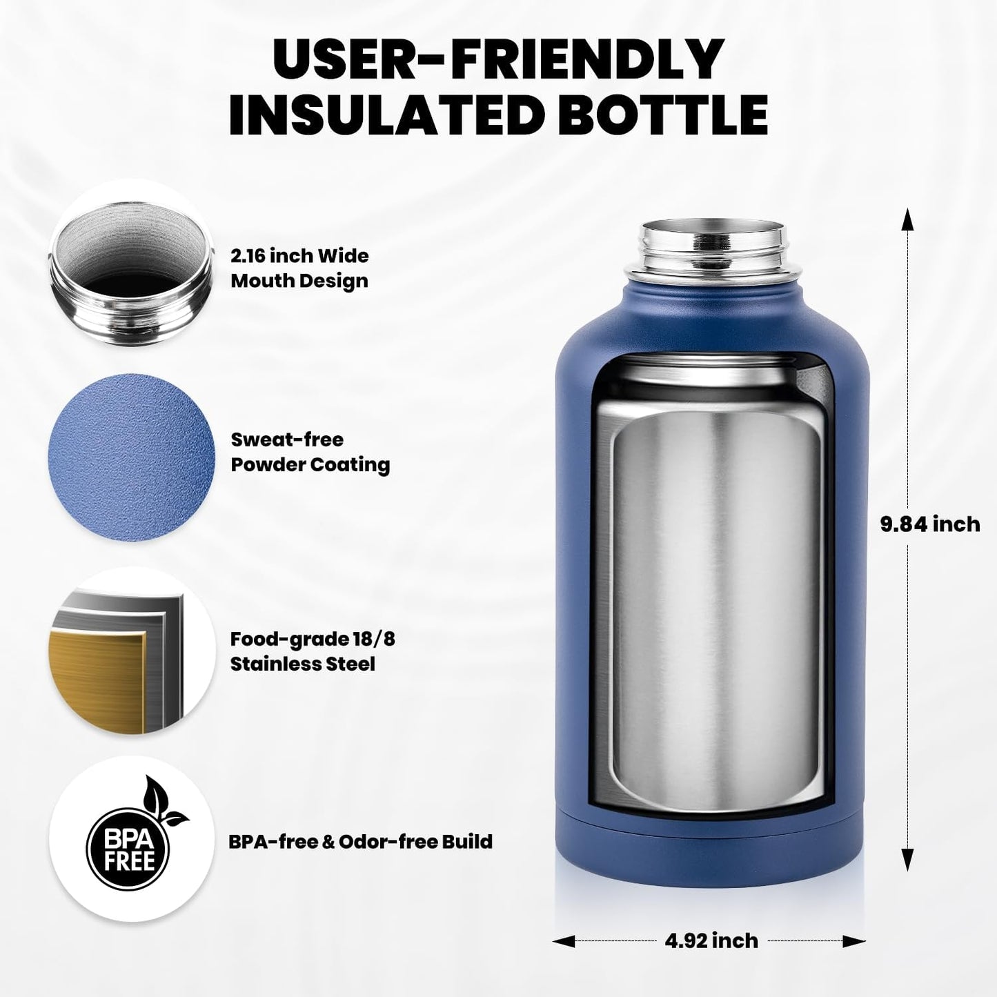 Insulated Water Bottle 64 oz, Triple Wall Vacuum Stainless Steel (Cold for 48 Hrs), Leak Proof & Non-BPA, Half Gallon Water Flask Jug with Paracord Handle & Straw Spout Lids, Navy Blue