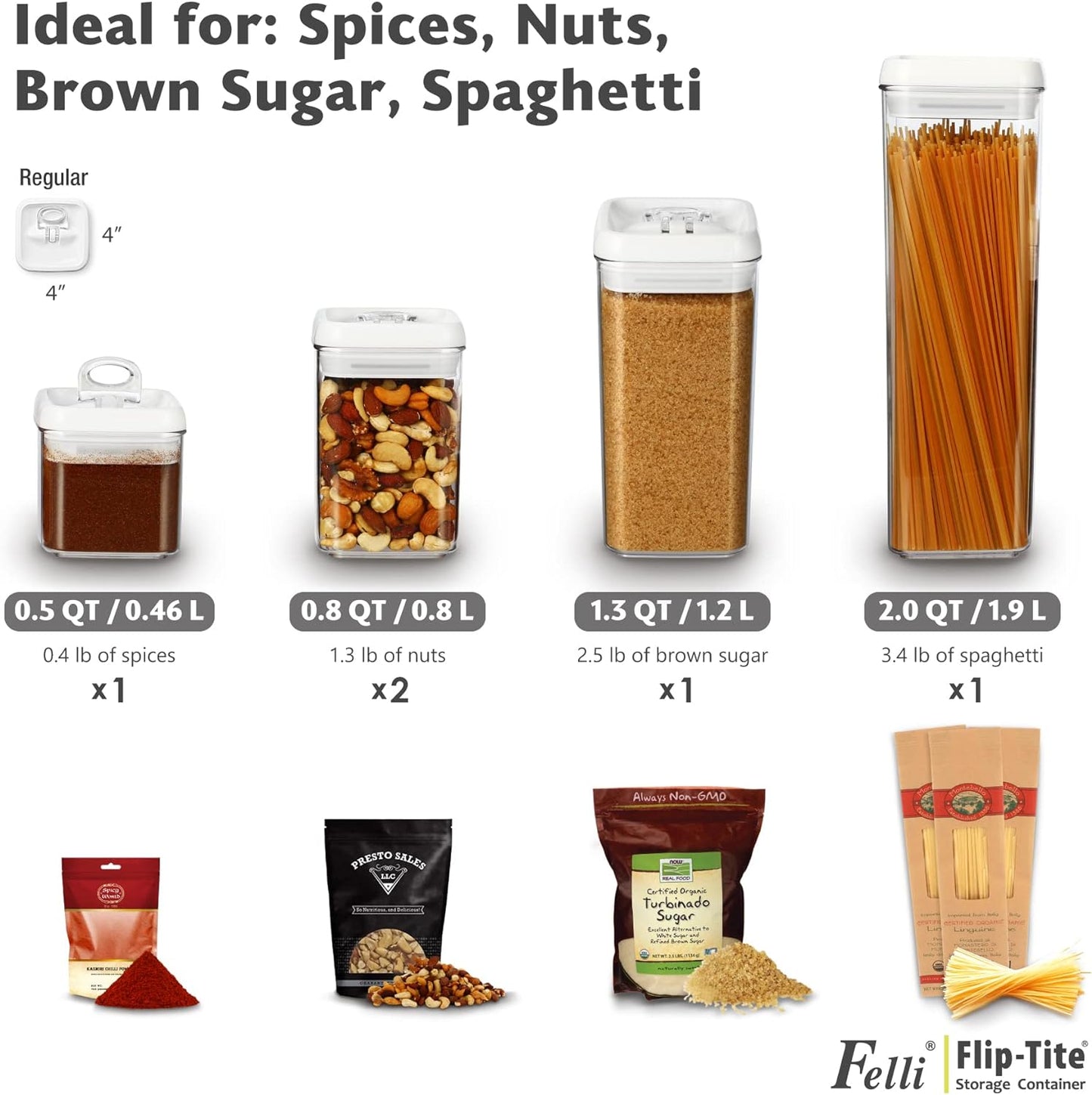 Felli Flip Tite Storage Container with Lid 4" Airtight Ring Seal Top, Stackable Acrylic Canister Jar Set for Kitchen Pantry Organizer, Food Spice Pasta Cereal Snack, Gifts for Women (5pk, Variety)