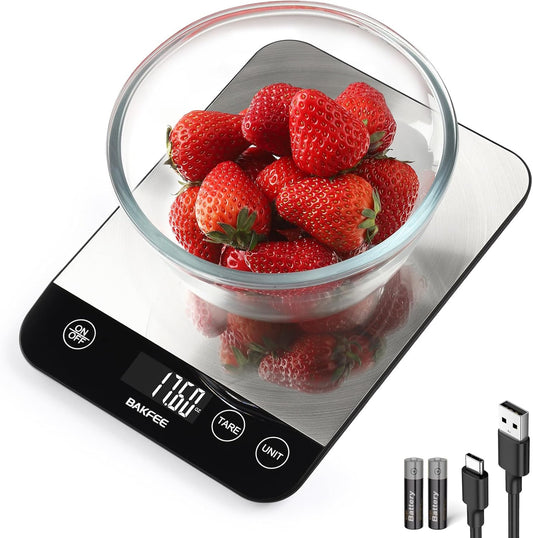 33lb Digital Kitchen Scale, Food Scale Rechargeable with Stainless Steel, Grams and Ounces, USB Charging, 1g High Accuracy for Baking, Cooking, Food BK806