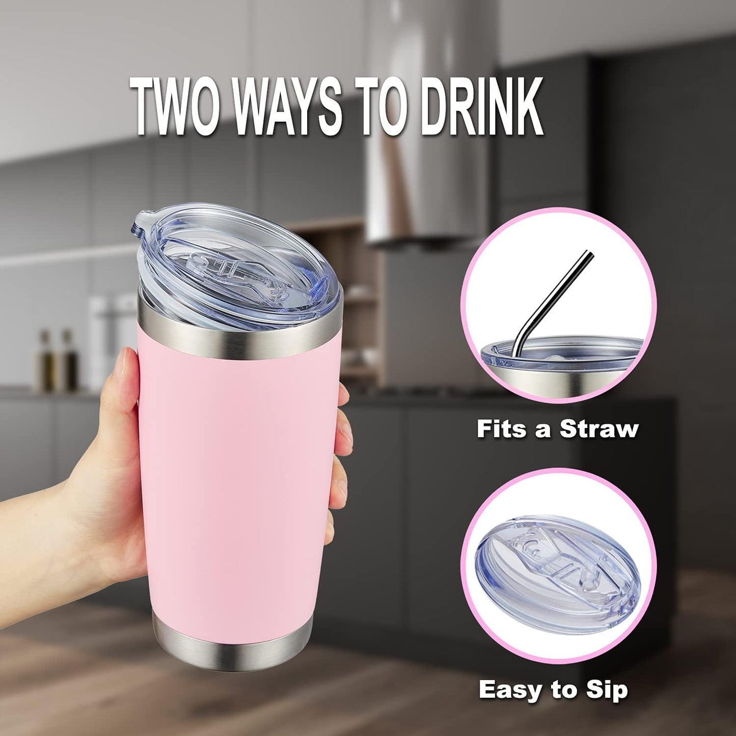 COMOOO 20oz Tumbler Bulk Double Wall Vacuum Insulated Travel Mug, Stainless Steel Tumbler with Lid and Straw Durable Powder Coated Insulated Coffee Cup for Cold & Hot Drinks (pink, 4 pack