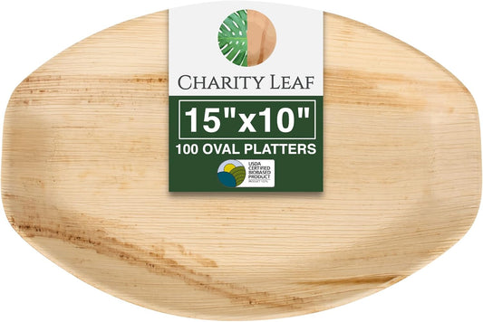 Charity Leaf Disposable Palm Leaf 15" x 10" Trays (100 pieces) Bamboo Like Serving Platters, Disposable Boards, Eco-Friendly Dinnerware For Weddings, Catering, Events
