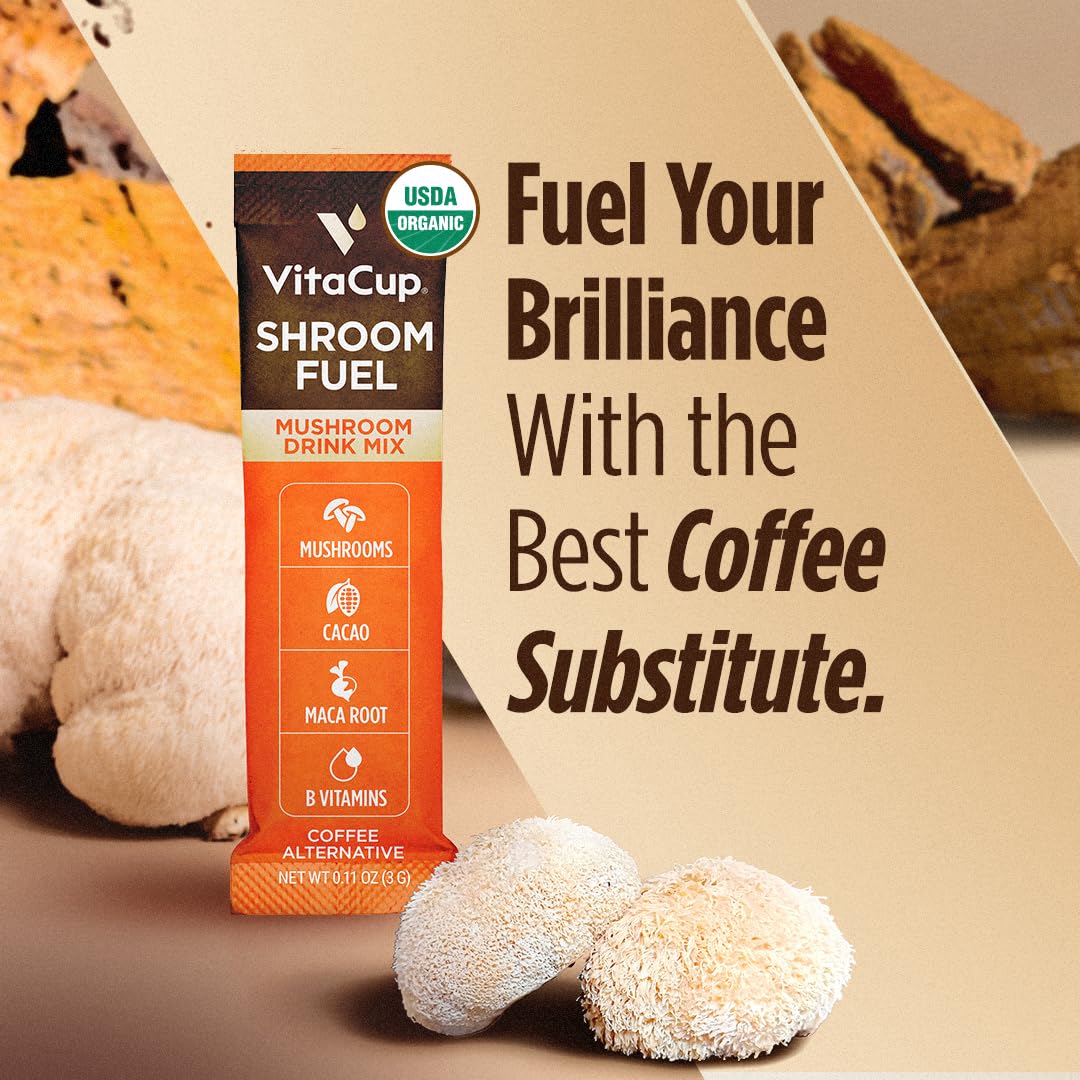 VitaCup Shroom Fuel, Mushroom Based Instant Coffee Alternative Packets, Mushroom Coffee Substitute w/Cacao, Cinnamon, Chaga, Lions Mane, & Maca for Energy, Immune Support, & Focus, 10 ct