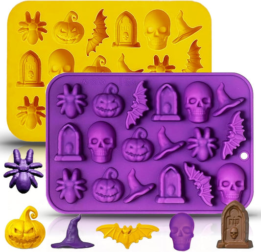 Halloween Chocolate Mold Silicone,18 Cavity Candy Gummy Mold with Pumpkin Wizard Hat Bat Spider Tombstone for Baking Chocolate Jelly Gummy Dessert (2pcs)