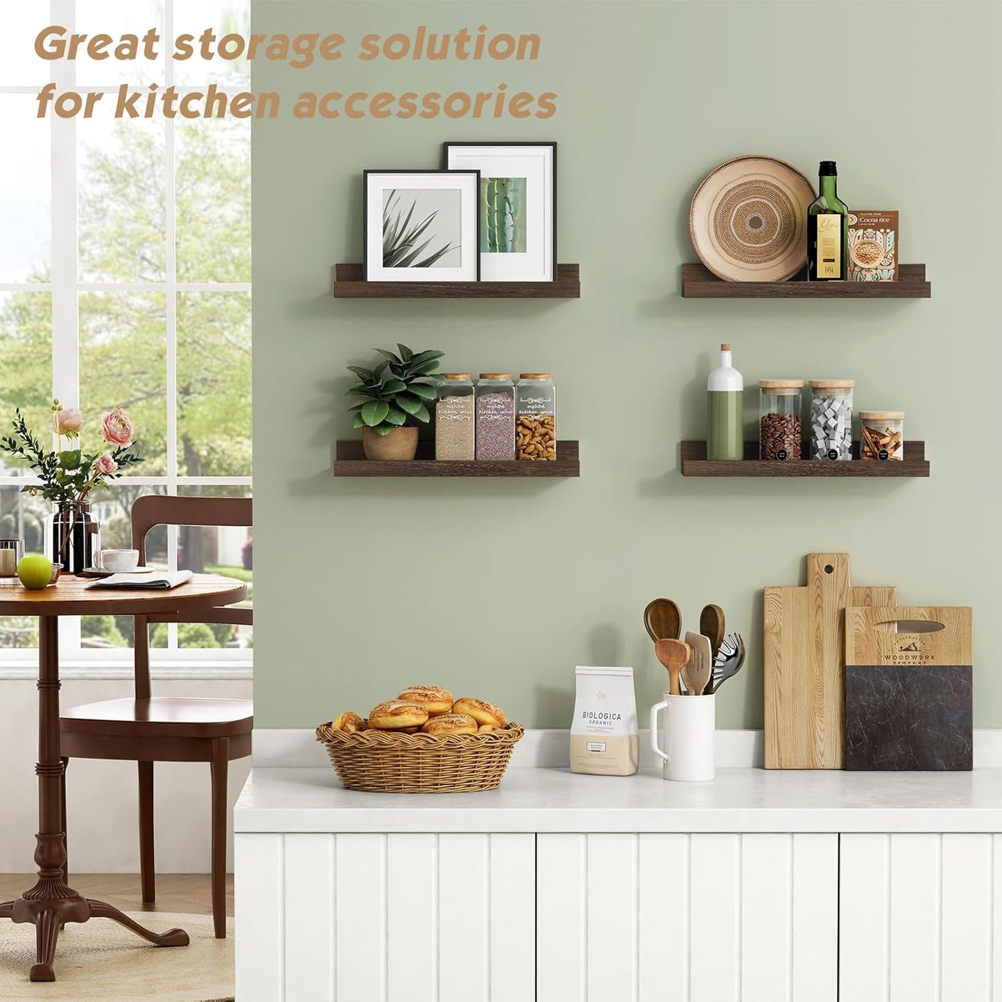 Forbena Wooden Floating Shelves with Lip for Wall, Dark Brown Picture Ledge Shelf for Books Photo Framses, Rustic Farmhouse Hanging Wall Shelves for Bedroom Office Kitchen (Set of 4, Solid Wood)