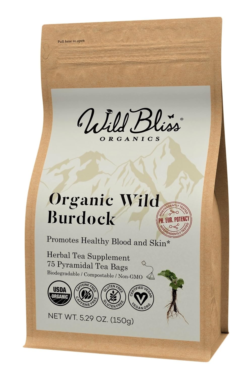 Wild Bliss Organic Burdock Root Tea - Caffeine Free Herbal Detox Support - Pharmacopoeia Quality - 75 Plant Based Tea Bags