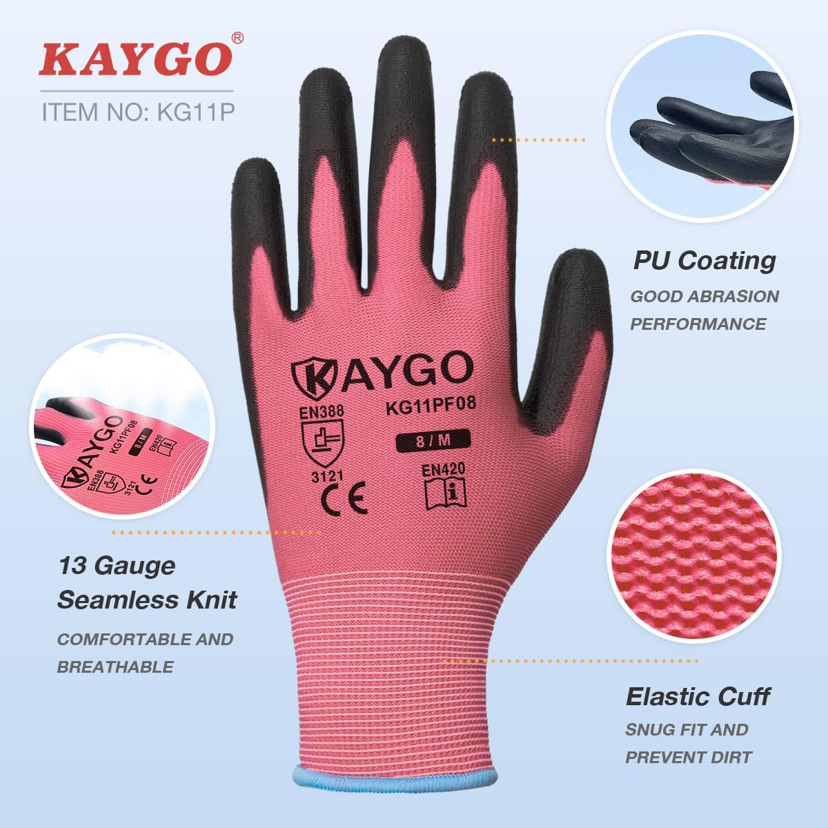KAYGO Safety Work Gloves PU Coated-12 Pairs Seamless Knit Glove with Polyurethane Coated Smooth Grip on Palm & Fingers, for Men and Women, Ideal for General Duty Work, KG11P (XS, Pink)