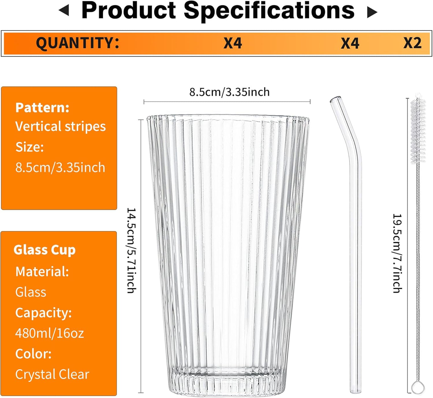 KEMORELA 4-Pack Ribbed Drinking Glasses, 16 oz Vintage Highball Cups with Glass Straws, Old Fashioned Glasses, Elegant Tumblers for Water, Juice, Whiskey - Perfect for Iced Coffee and Cocktails