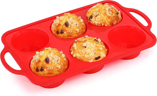 1 Pc Jumbo Muffin Pan with Metal Frame, Nonstick 6 Cup Extra Large Cupcake Pan for Baking, Silicone Deep Muffin Tray for Egg Bites (Red)