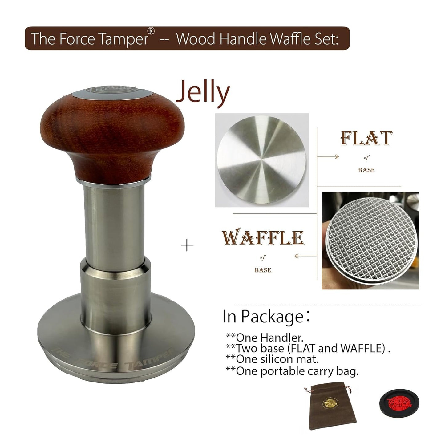 The Force Tamper Automatic Impact Adjustable Constant Pressure and Autoleveling Coffee Tamper Reddish Brown Jellyfish Wooden Handle Set Pro (Waffle-Set, 58.50mm)