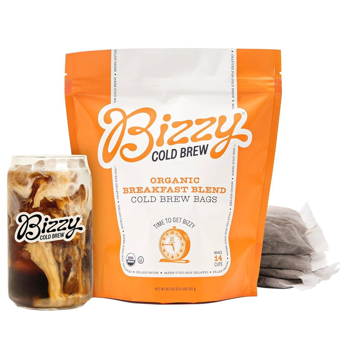 Bizzy Organic Cold Brew Coffee | Breakfast Blend | Coarse Ground Coffee | Medium-Light Roast | Micro Sifted | Specialty Grade | 100% Arabica | Brew Bags | 4 Count | Makes 14 Cups