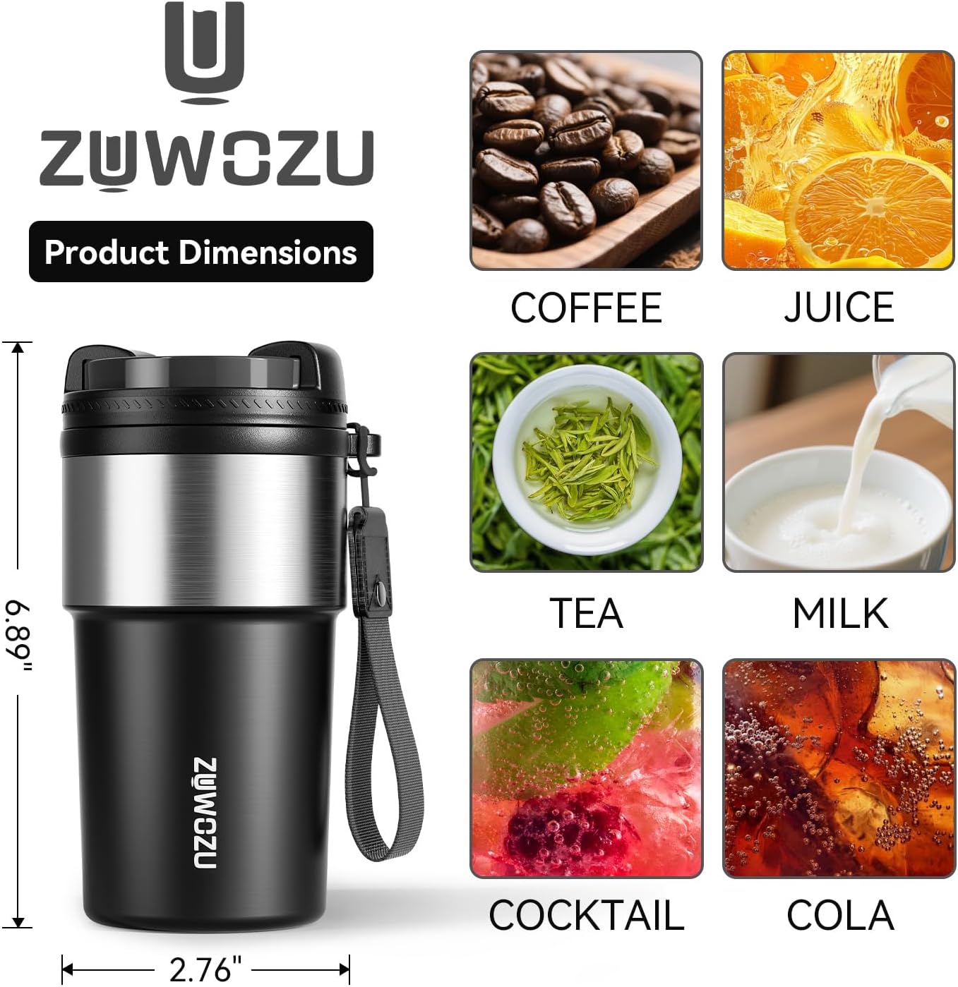 Insulated Travel Coffee Tumbler Mug - Ceramic Inner Wall Reusable Iced Coffee Cups Bottle with Lids, Stainless Steel Insulated Cold Brew Water Tumbler with Straw, BPA Free 16 Oz Water Bottle