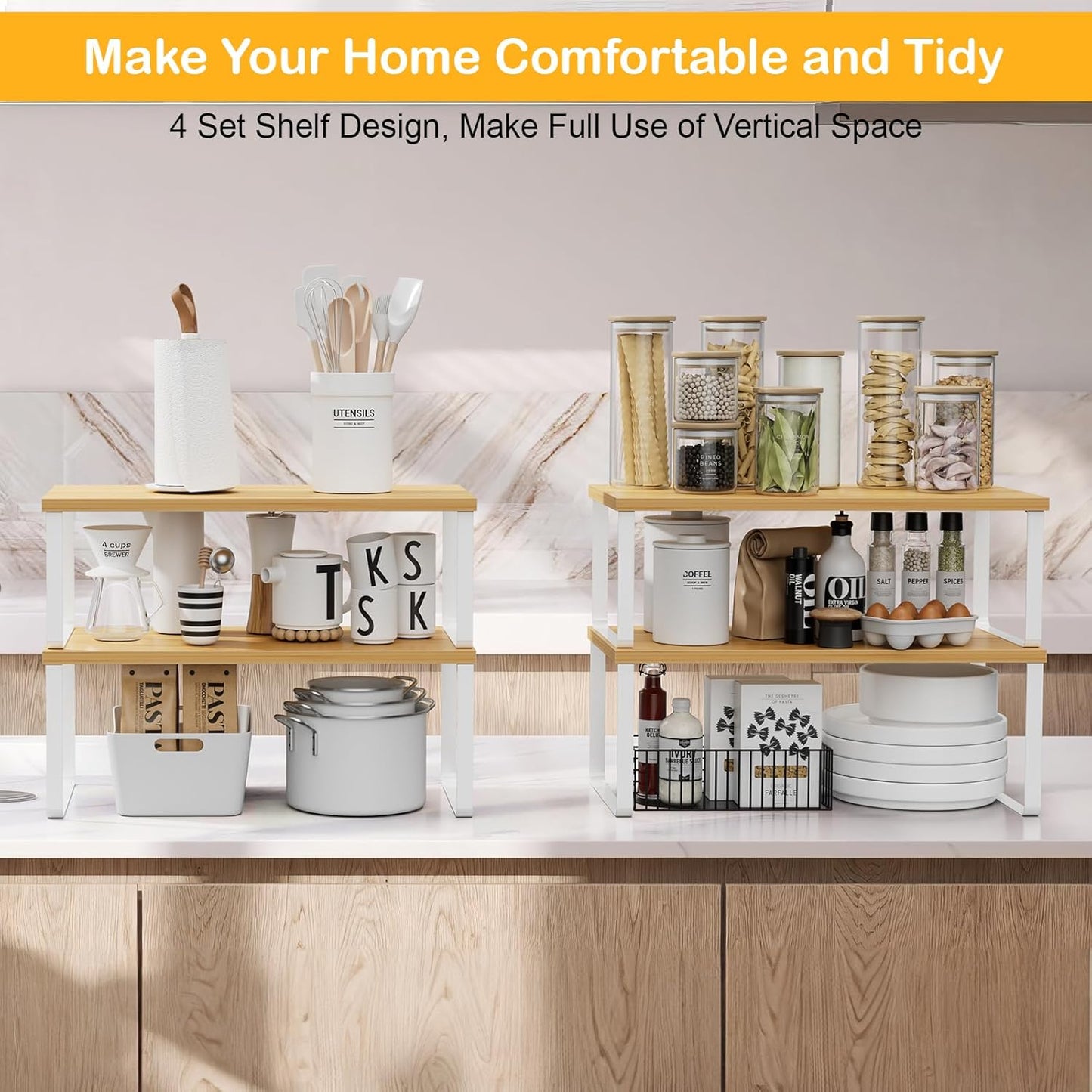 Cabinet Shelf Organizers, 15.7 inches Large Kitchen Counter Shelf, Set of 4 Wood Kitchen Pantry Organizer, Storage Shelves for Countertop, Spice Rack, Stackable, Expandable, Metal White, Nature