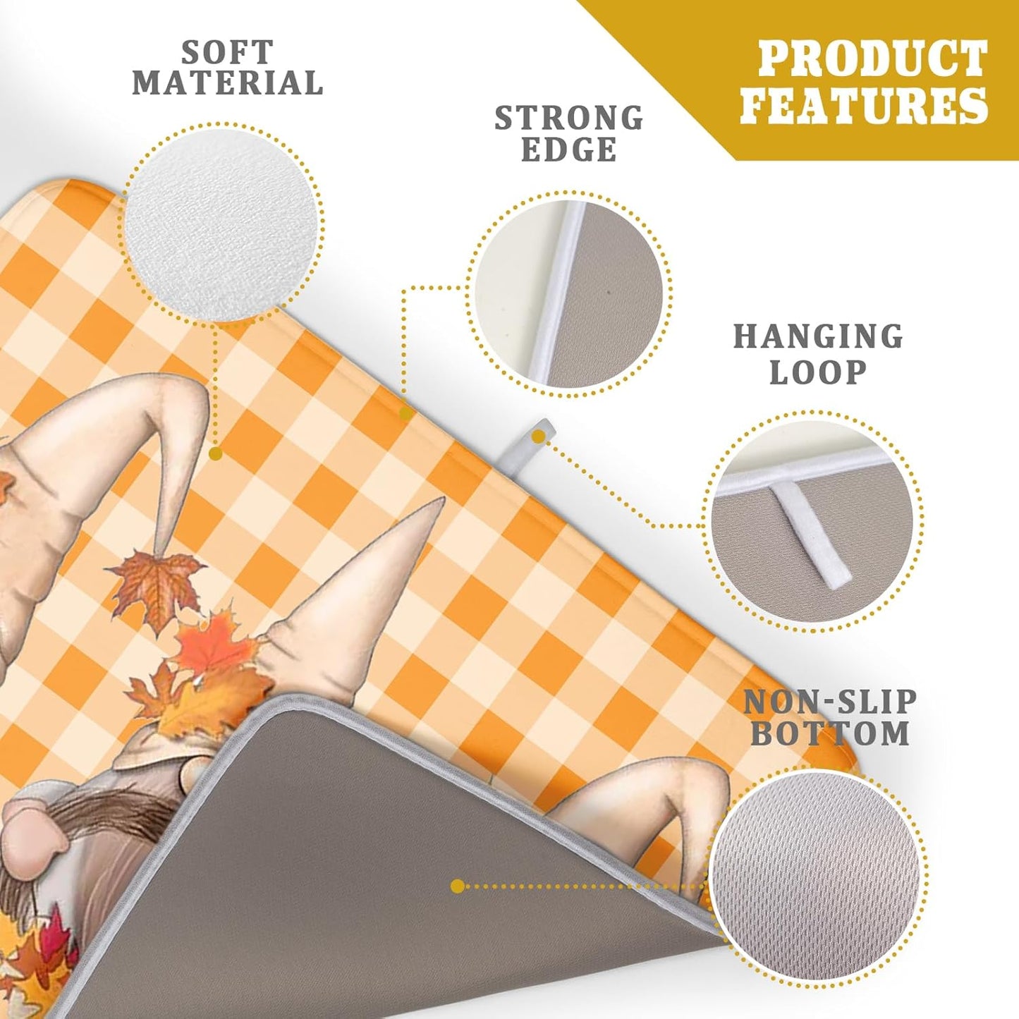 Fall Gnome Dish Drying Mat for Kitchen Autumn Pumpkin Maple Leaves Dishes Pad Orange White Check Plaids Dish Drainer Rack Mats Absorbent Fast Dry Counter Accessories 18x24inch Thanksgiving Day Decor