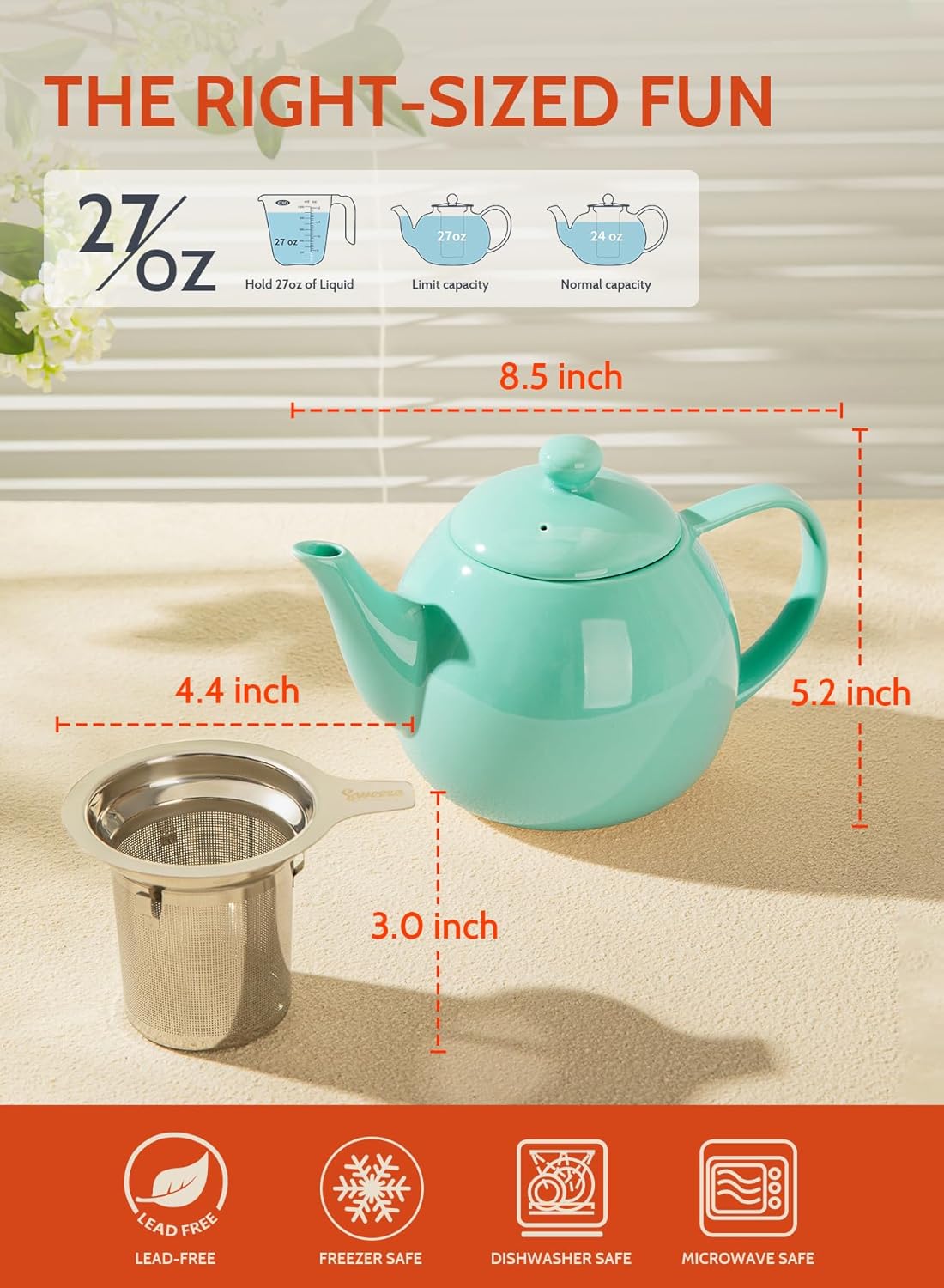 Sweese Teapots for Tea, 27 oz Porcelain Tea pot with Removable Stainless Steel Infuser, Tea Pots for Loose Tea - Mint Green