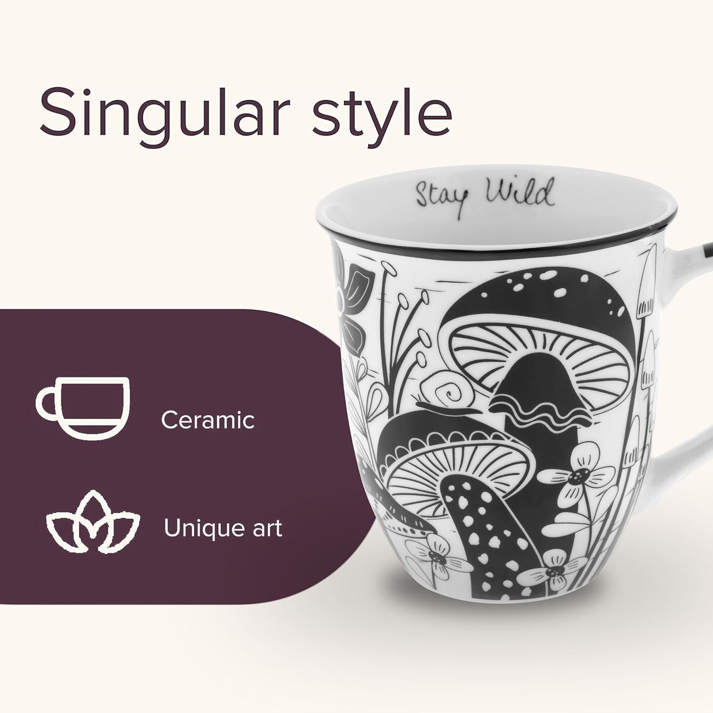 Karma Gifts 14 oz Black and White Boho Mug Mushroom - Cute Coffee and Tea Mug - Ceramic Coffee Mugs for Women and Men