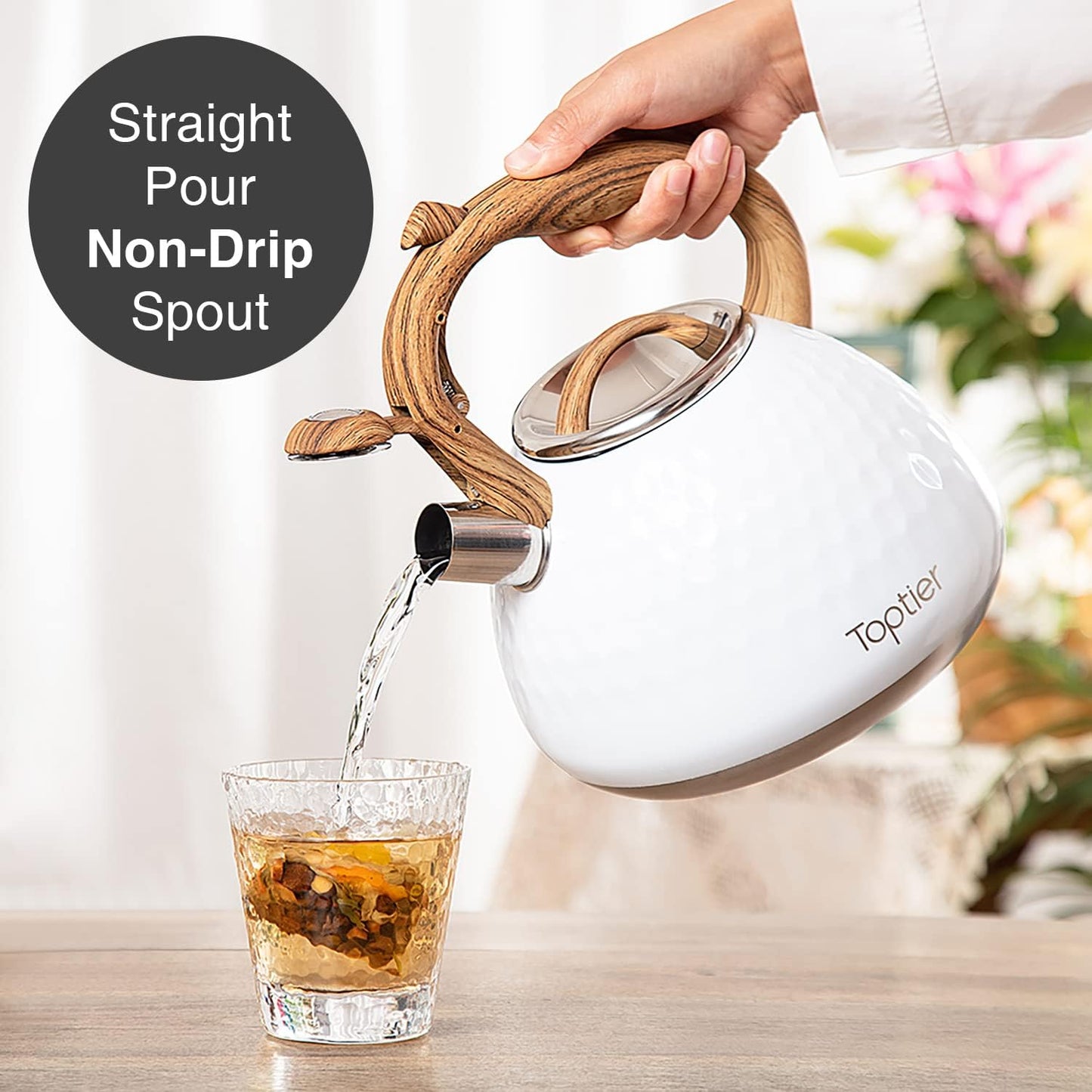 Tea Kettle, Toptier Teapot Whistling Kettle with Wood Pattern Handle Loud Whistle, Food Grade Stainless Steel Tea Pot for Stovetops Induction Diamond Design Water Kettle, 2.7-Quart White