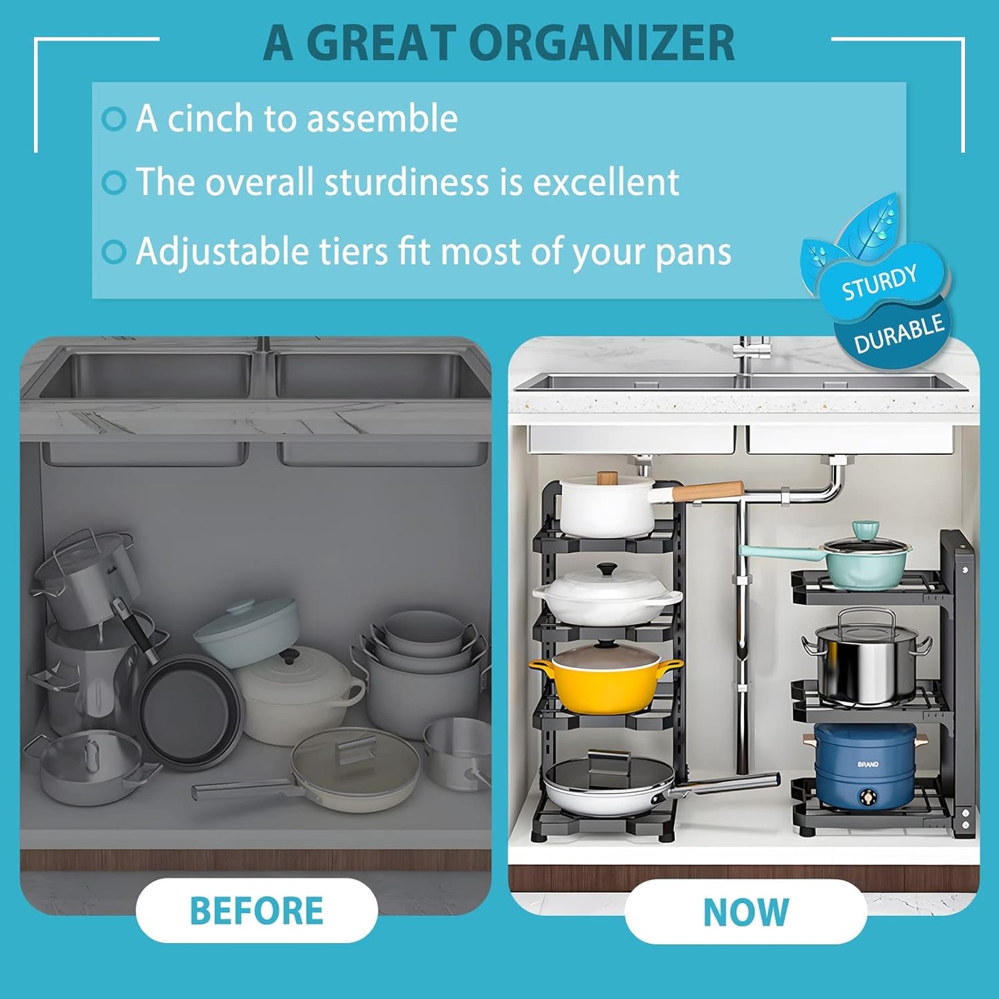 Pot and Pan Organizer Rack for under Cabinet, Heavy Duty Pot Pan Rack under Sink Organizers and Storage, Pot lid organizer, Kitchen Cabinet Organizer with 4 Adjustable Tiers