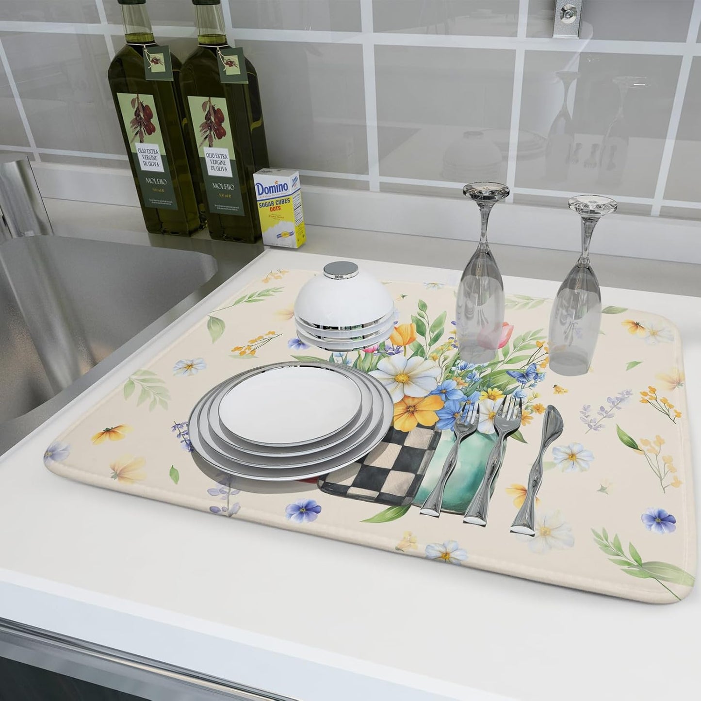 Giwawa Spring Flower Vases Dish Drying Mat for Countertop, 18"x24" Watercolor Floral Mason Jar Dish Drainer Mats, Wildflower Botanical Fast Dry Microfiber Large Dish Drying Pad Decoration