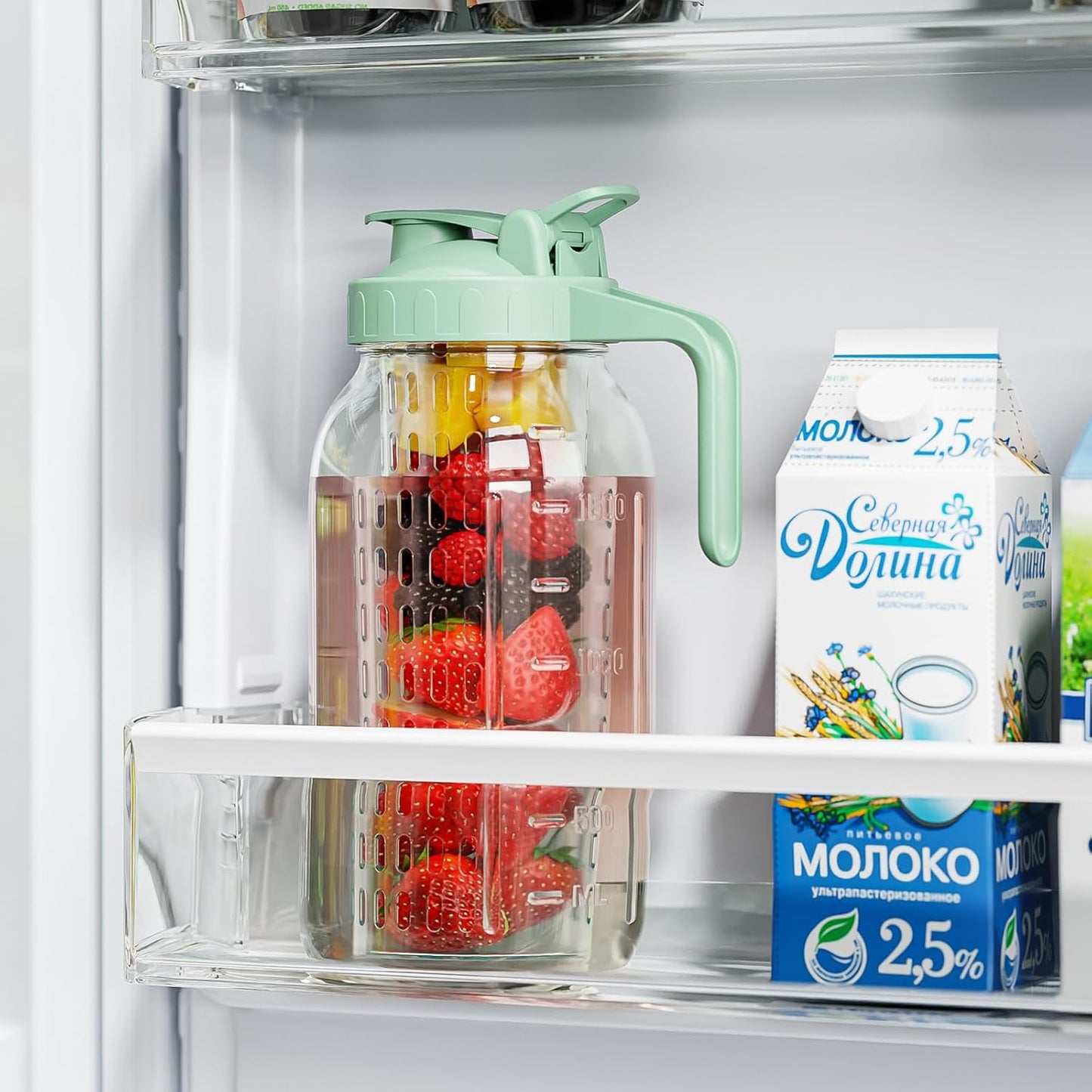 Fruit Infuser Water Pitcher,Glass Mason Jar Pitcher,64oz(2 Quart) Wide Mouth Jug with Pour Spout Handle Lid for Fruit Drinks,Cold Brew Coffee,Ice Beverage,Iced Juice,Lemonade,Sun Tea Container