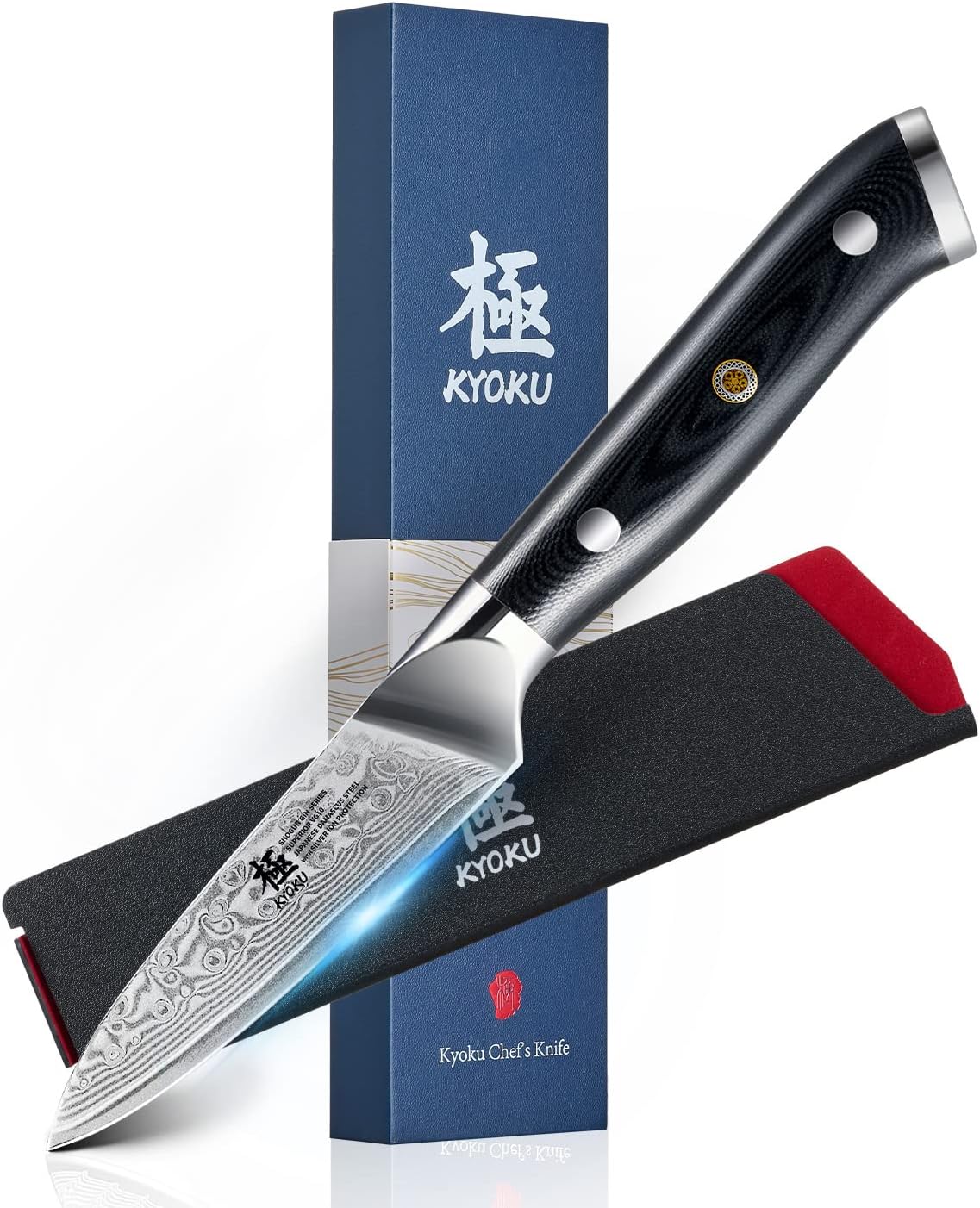 KYOKU Gin Series 3.5" Paring Knife - Japanese VG10 Damascus Stainless Steel Kitchen Knife With Silver Ion Blade, G10 Handle, Mosaic Pin - for Fruit, Vegetable, Peeling, Coring
