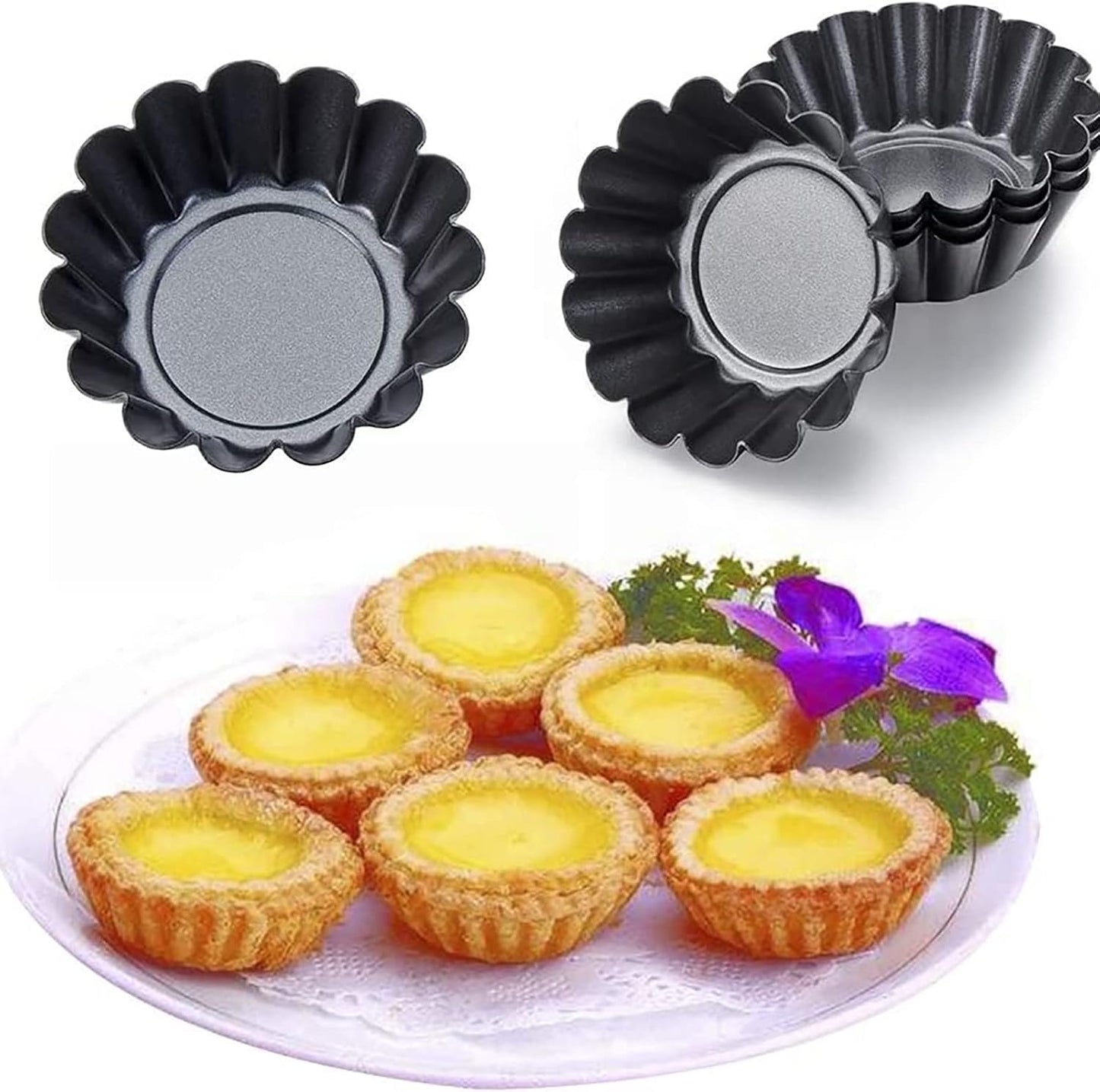 Egg Tart Molds, 12 PCS Non-Stick Very Mini Tart Pans, Mini Tart Mold 3 InchTop, 1.7 Inch Bottom, 0.9Inch High, Carbon Steel, Kitchen Reusable Baking Tools.