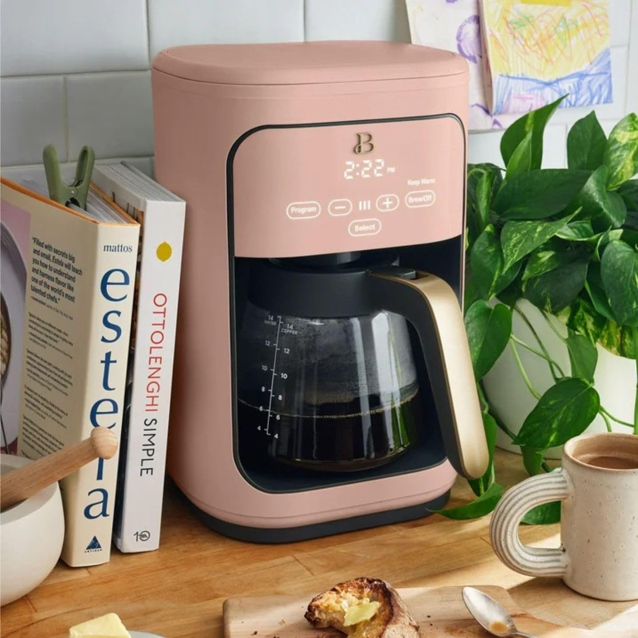 Beautiful Coffee Maker, 14-Cup, Touch Display, Programmable, 1200W, Stainless Steel, Keep Warm, 24h Timer dishwasher-safe (Rose)