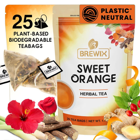 BREWIX, Sweet Orange Hibiscus Tea Bags (25 Pyramid Tea Bags) Caffeine-Free Herbal Tea | Ginger, Hibiscus, Spearmint, Rosehip, Turmeric | Supports Daily Balance & Calm | For Health & Wellbeing | Iced and Hot