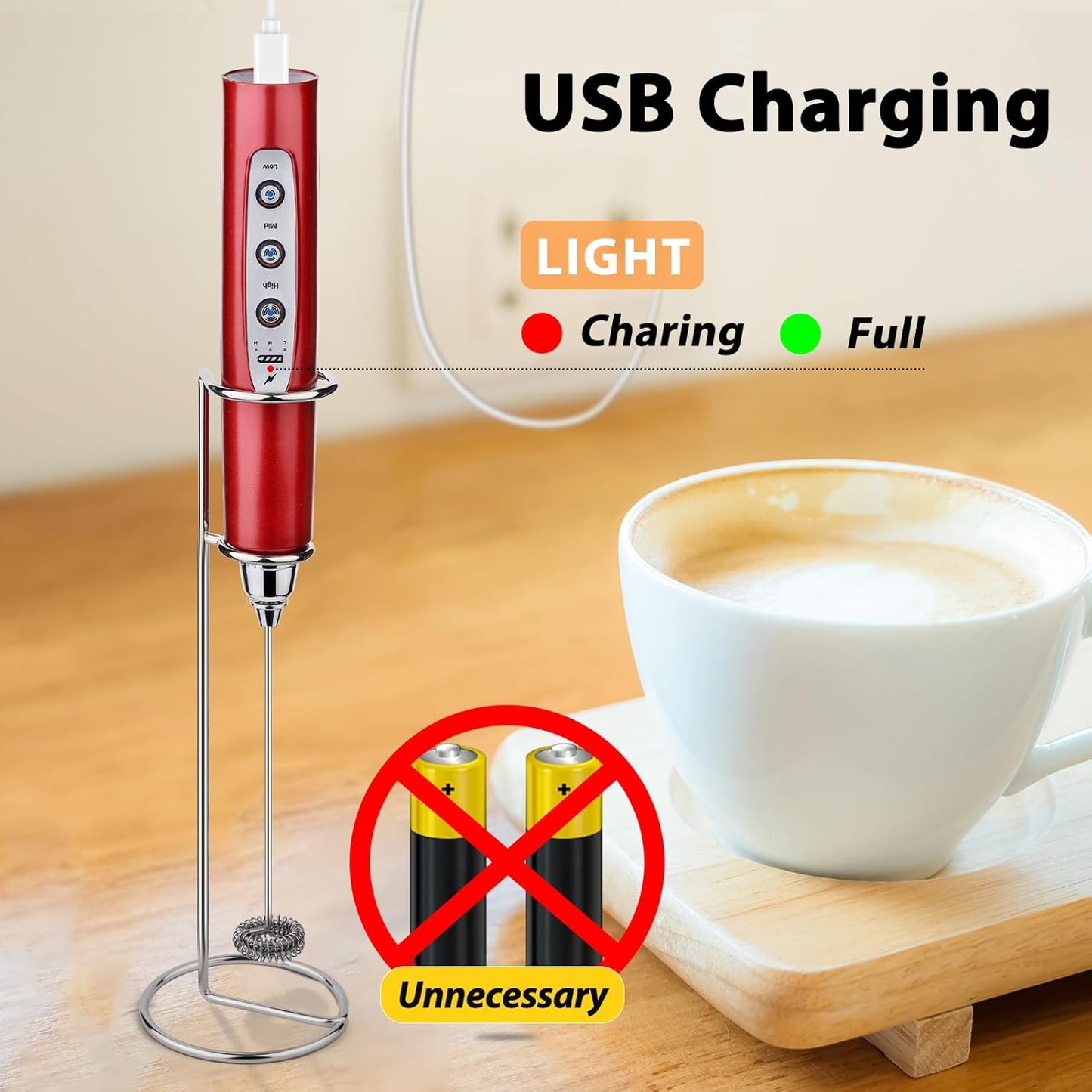 Milk Frother with Stand Rechargeable-Handheld Frother Wand with 3 Stainless Whisks 3 Speed Adjustable, Electric Whisk Drink Mixer, Foam Maker Blender for Matcha Latte Cappuccino Chocolate