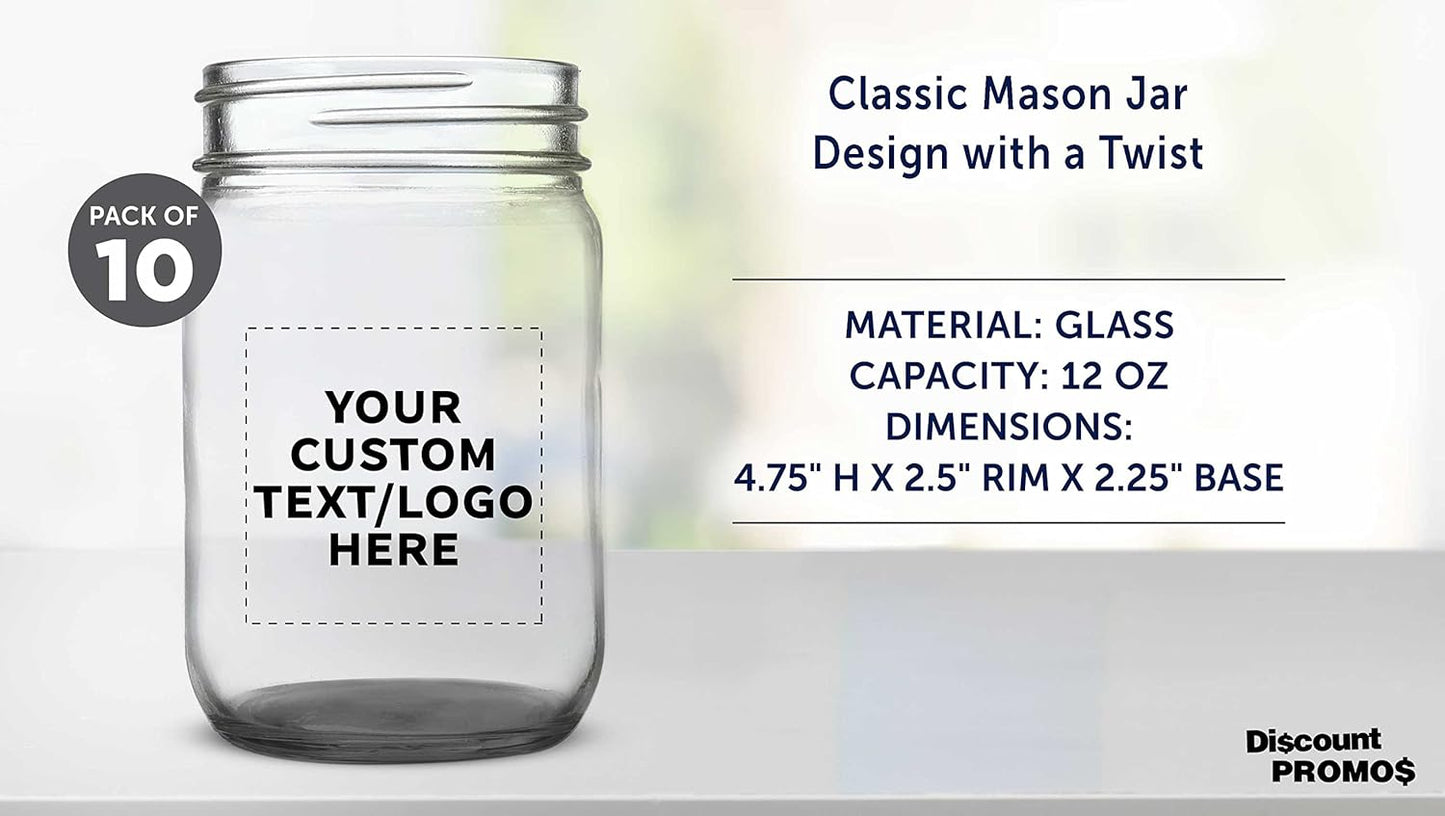 DISCOUNT PROMOS Custom Decorating Mason Jars 12 oz. Set of 10, Personalized Bulk Pack - Glass Jars for Overnight Oats, Candies, Fruits, Pickles, Spices, Beverages - Black
