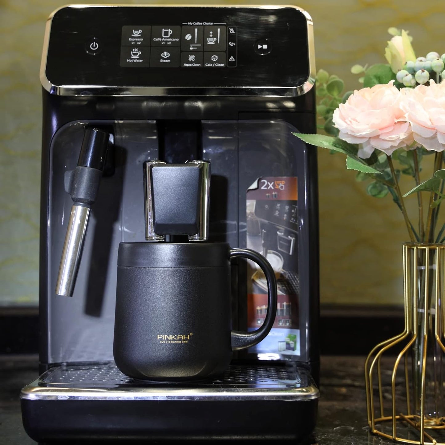 11OZ 330ML Stainless Steel Insulated Coffee Mug with Handle, Double Wall Stainless Steel Tumbler Cup with 2 Lids, Black