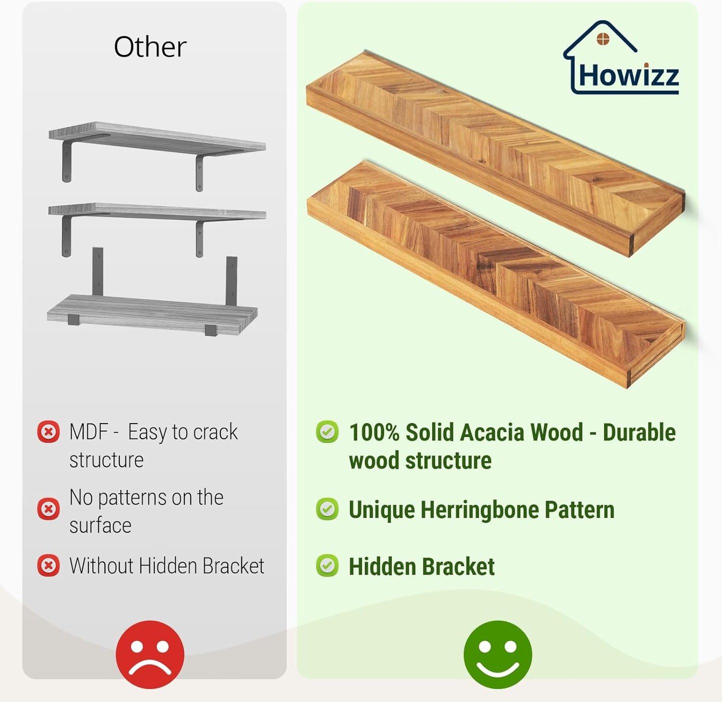 48" Rustic Farmhouse Floating Shelves – Set of 2 Acacia Wood Shelves for Stylish Wall Decor in Kitchen, Bathroom, and Office, Unique Chevron Pattern, 48x8x1.5 Inches - Set of 2 - DIY