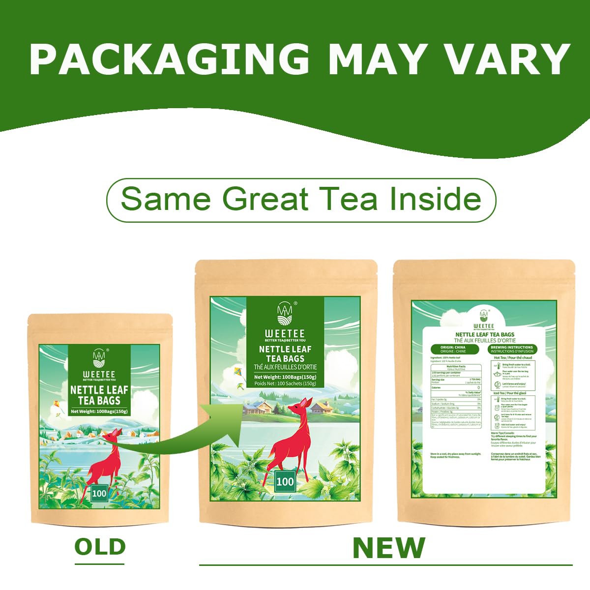 WT WEETEE Nettle Leaf Tea Bags, Made with 100% Pure Stinging Nettle Leaf, Natural Caffeine-free Herbal Tea Rich in Vitamins & Minerals,1.5g x 100 Counts