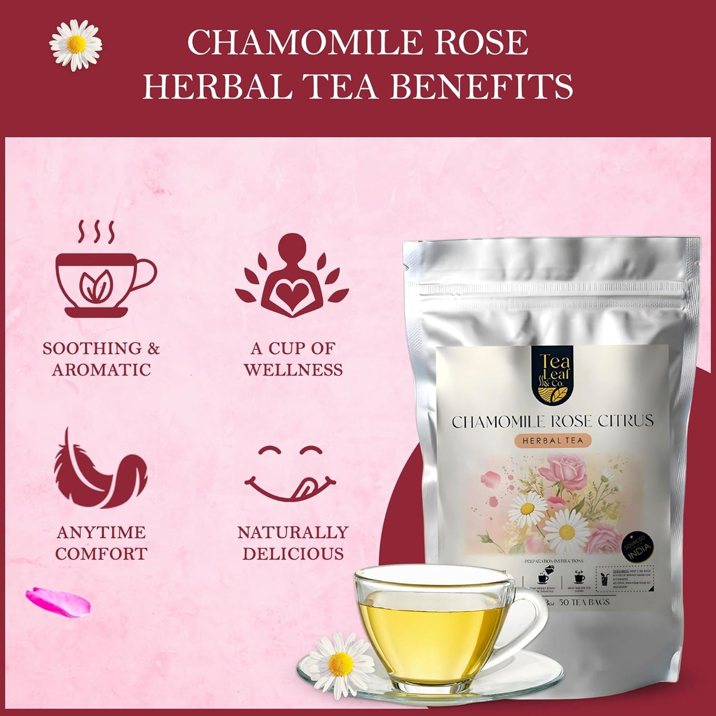 Tealeaf & Co. Chamomile Rose Citrus Herbal Tea Bags - Organic Chamomile Tea Bags with Rose Petals, Orange Peel, Lemon Grass, Hibiscus & Mint Leaves - Low Caffeine - Gluten Free - 50 Teabags