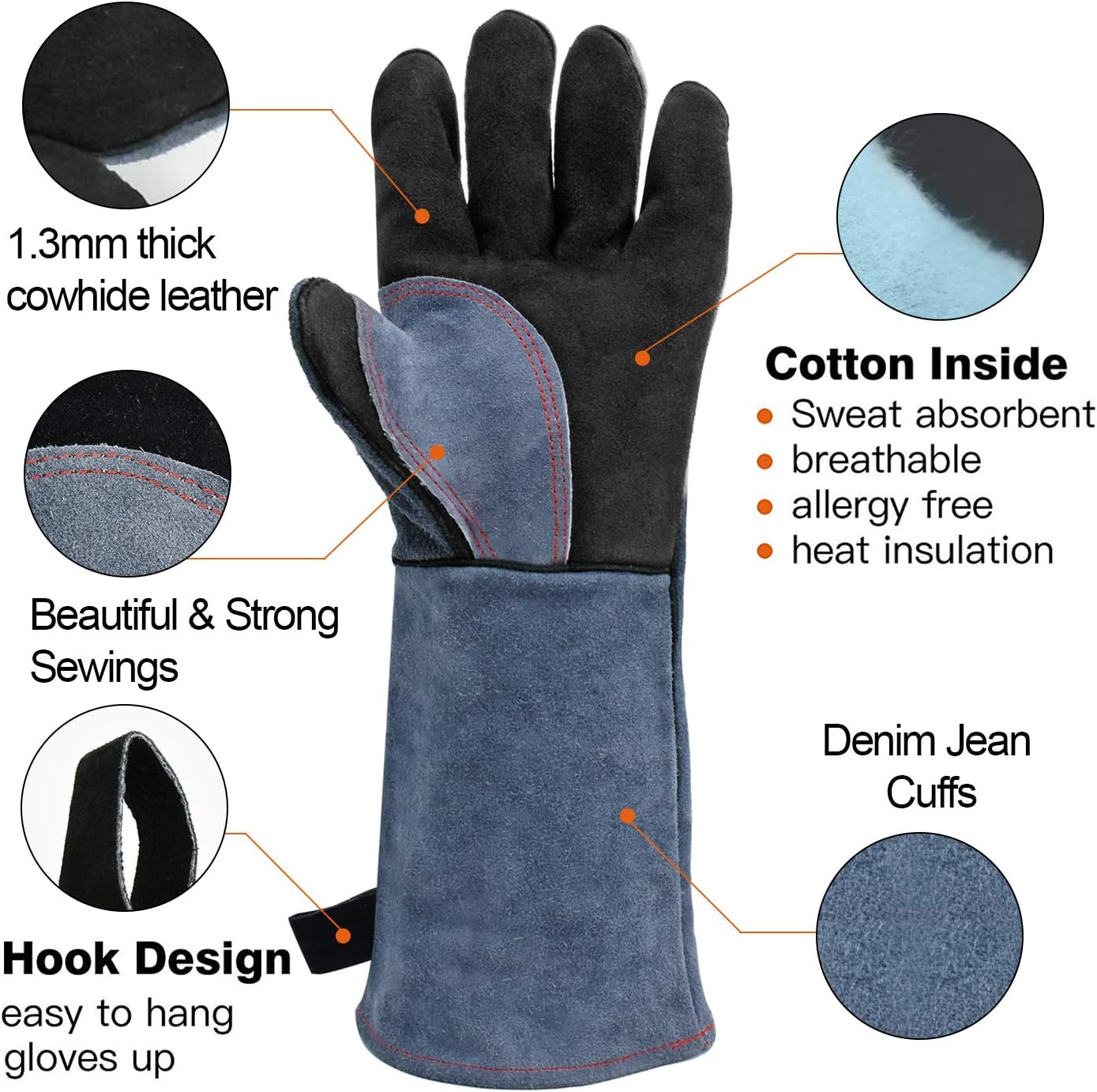 H HZXVOGEN Welding Gloves 16 Inches 932℉ Heat Fire Resistant BBQ Grill Gloves for Arc TIG MIG Wood Stove Barking Oven Fireplace Welder Gloves, Free Size for Men Women