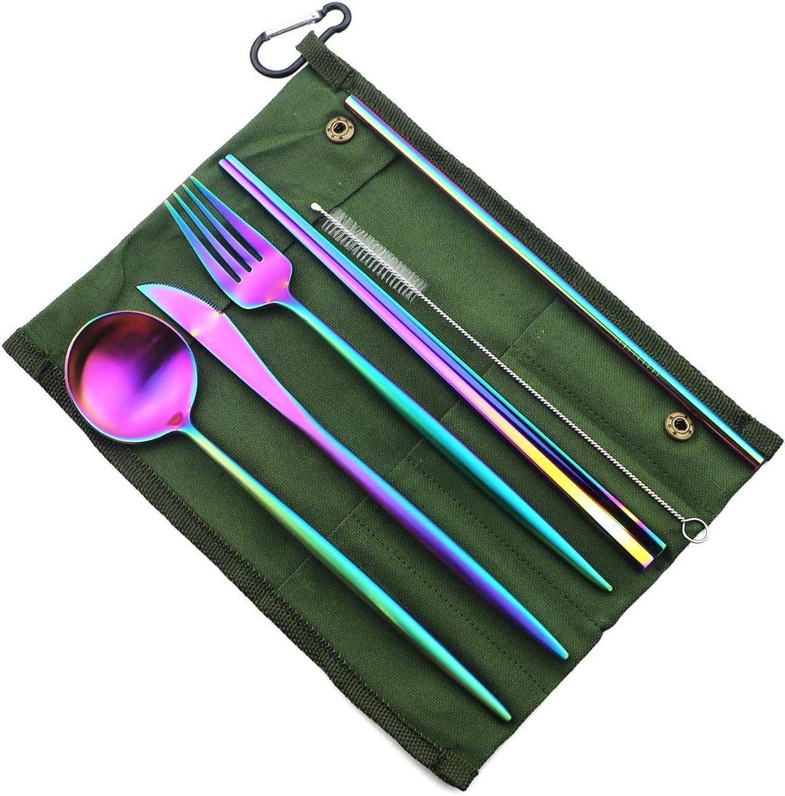 Gugrida Reusable Travel Utensils, 7 Piece Portable 304 Stainless Steel including Knife Fork Spoon Chopsticks Cleaning Brush Straws Portable Pouch, Eco-friendly Camping Silverware Set, Dishwasher Safe