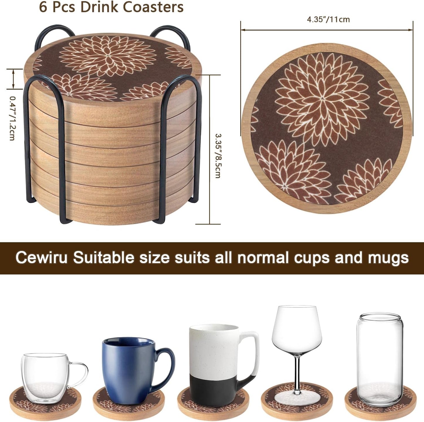 Wood Coasters Set of 6 with Holder, Cewiru Cup Mat for Drinks, Absorbent Coasters with Felt Insert for Coffee Table Protection, Modern Style Home Dining Table Decor, 4.3" Brown