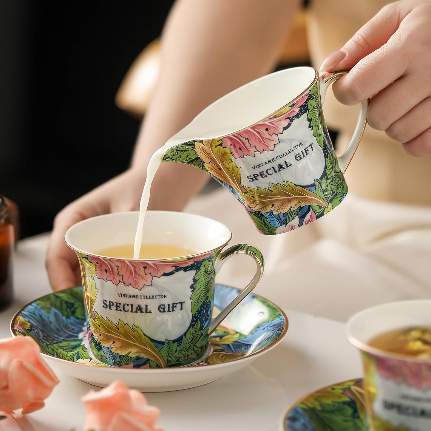 ACMLIFE Tea Cup and Saucer Set for 1, Vintage Floral Bone China Tea Cup Set with Saucer 24K Gold, Porcelain Tea Cup with Spoon and Gift Box, 6.8 oz (Green)