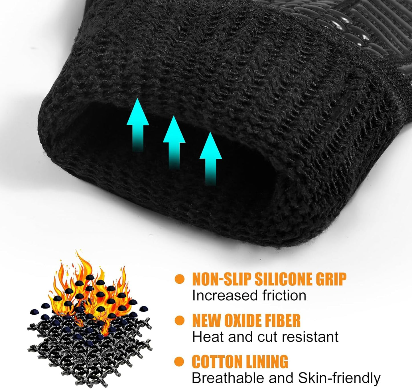 BBQ Gloves, Oven Gloves, Extreme Heat Resistant Barbecue Gloves, Silicone Non-Slip Oven Mitts, Kitchen Gloves for Cooking, Grilling, and Baking (Black)