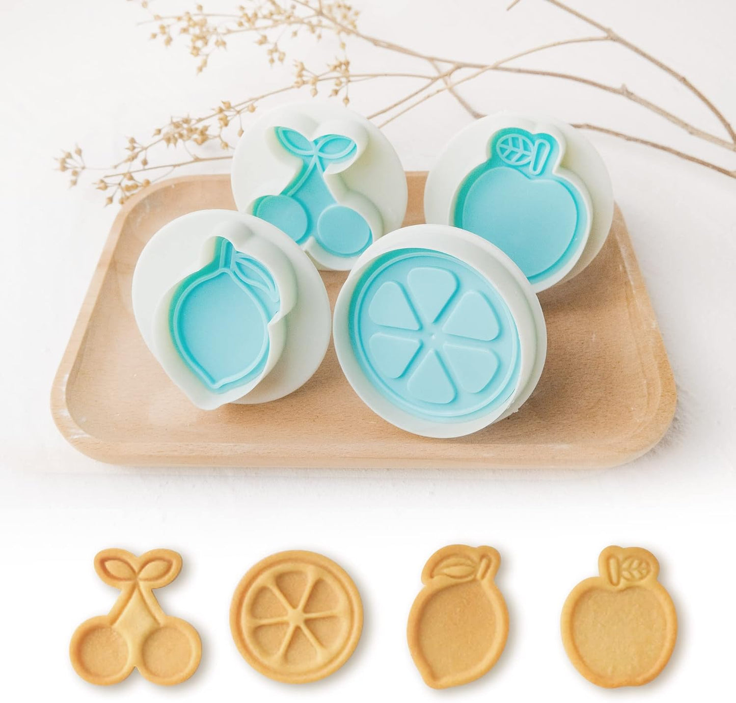 Cookie Stamps Set of 4, Cookie Press Mold, Decorating Supplies for DIY Baking, Cake, Pastry, Easy to Use- Fruit Series