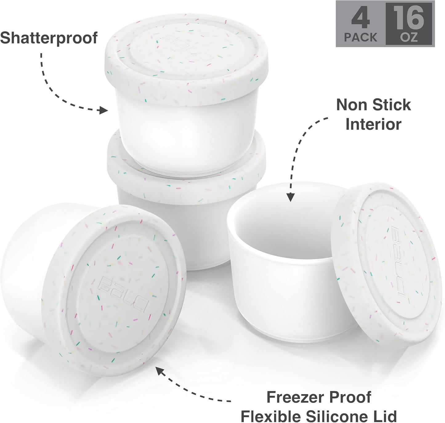 BALCI - 16oz Ice Cream Containers with Silicone Lids (Set of 4) - 1 Pint Each Freezer Food Storage Containers, Reusable, LeakProof, For Homemade IceCream Containers - White with Sprinkles