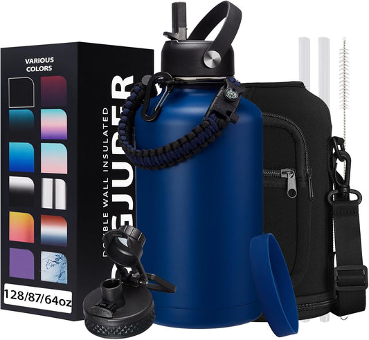 64OZ Insulated Water-Bottles with Straw - Spout Lid, Stainless Steel Metal Water Jug Keep Cold 48h/Hot 24h, Half Gallon Water Bottle w/Paracord Handle & Carry Sleeve Strap for Hiking Camping Sport