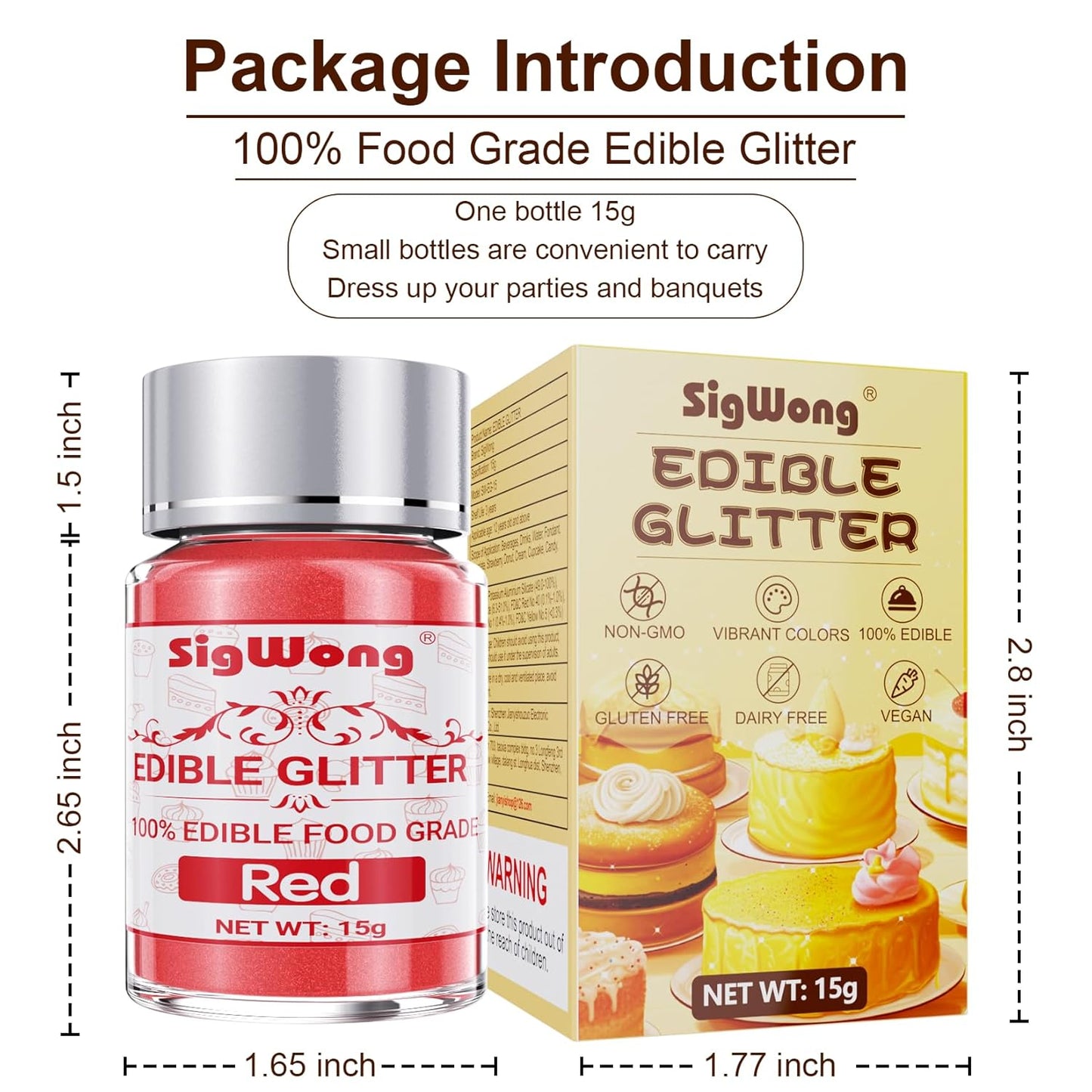 Red Edible Glitter - 15g Food Grade Luster Dust Powder, Cake Decorating Sprinkle Glimmery Dust for Drinks, Wine, Fondant, Chocolate, Candy, Cookie, Vegan