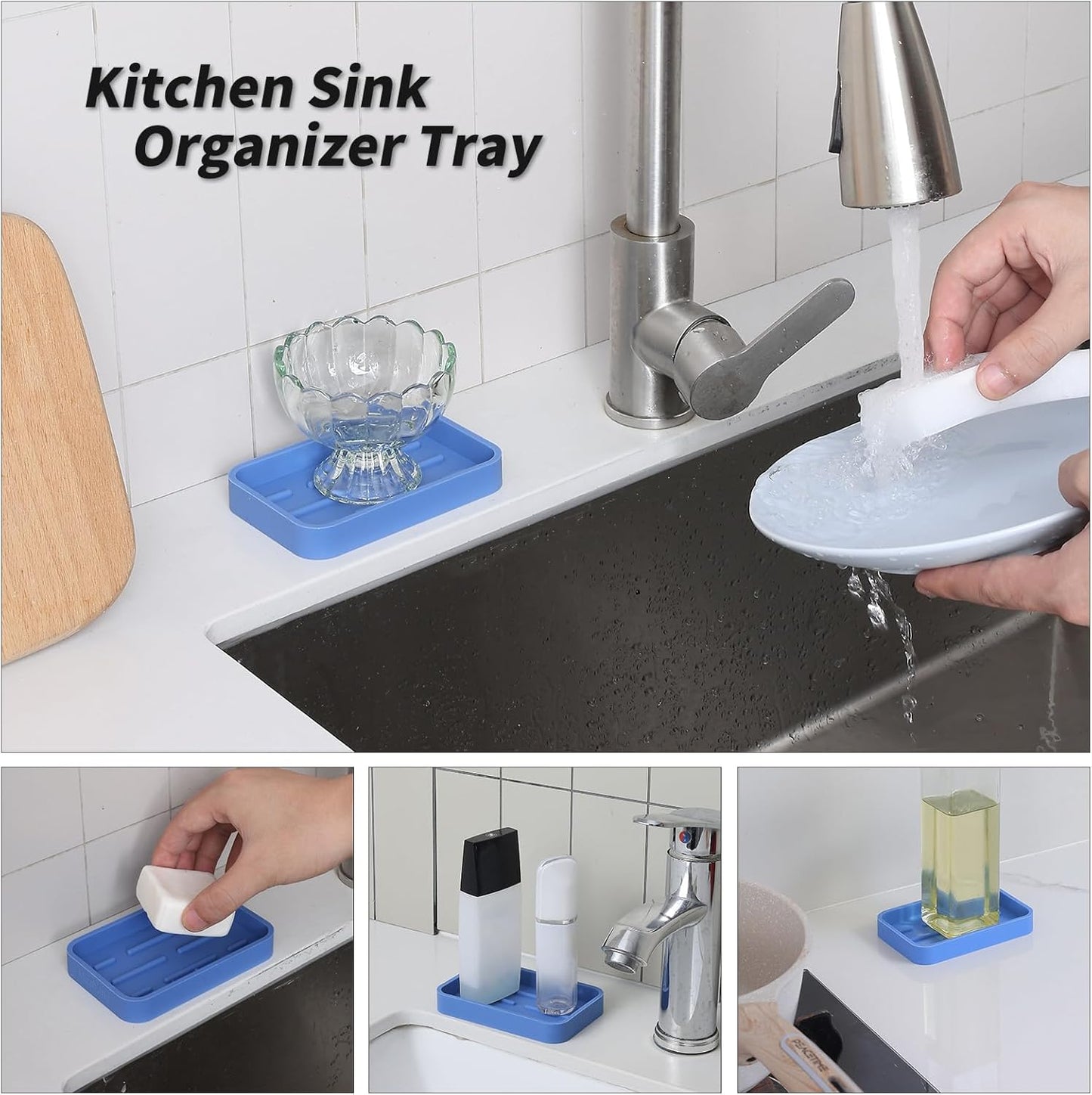 Silicone Kitchen Sink Organizer Tray for Multiple Usage,Easy Clean Sponges Holder for Kitchen Bathroom Counter or Sink,Dish Soap Dispenser,Scrubber,Bottle,Cup Lichen Blue 4.9”x 3.2”