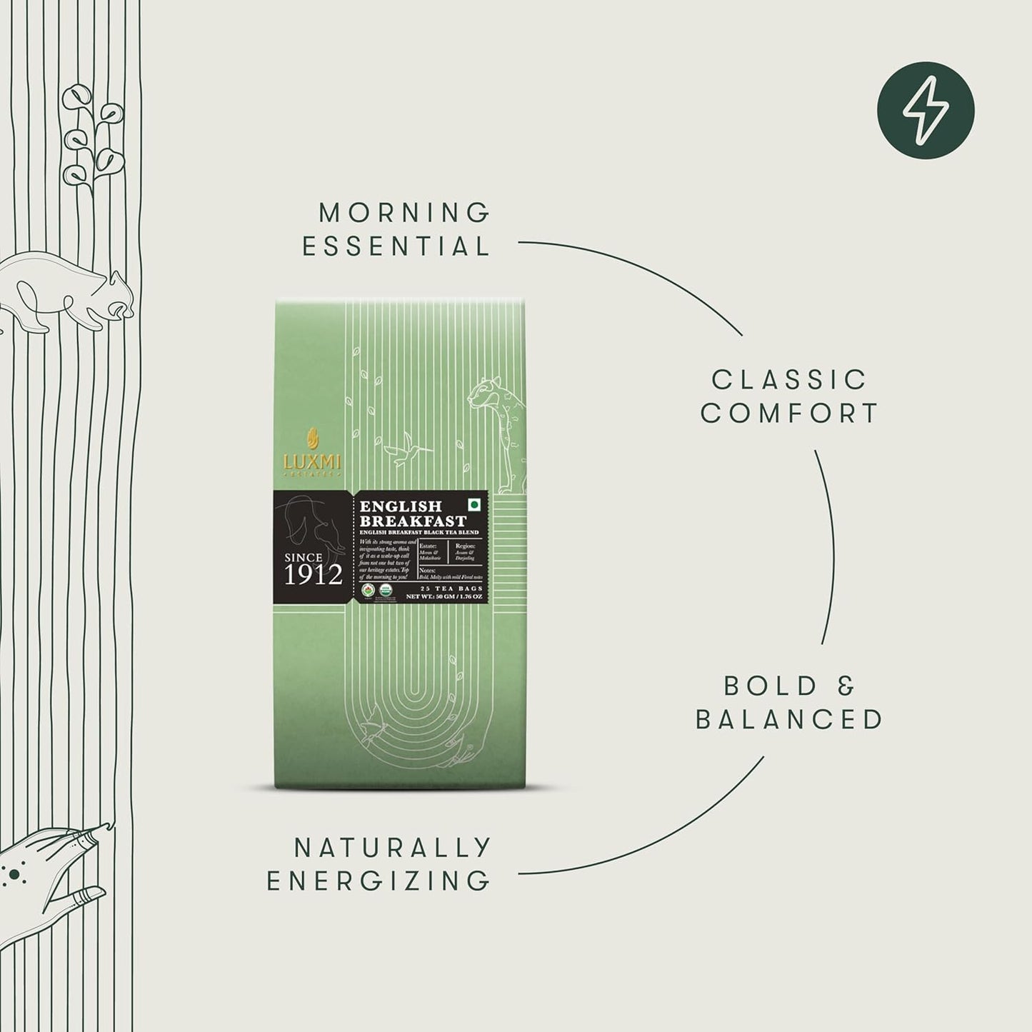 Luxmi Estates Tale of Two Estates Organic English Breakfast Tea (25 Tea Bags) Caffeinated Tea Bags For A Morning Boost and Natural Energy, With Certified Organic Darjeeling & Assam Black Tea