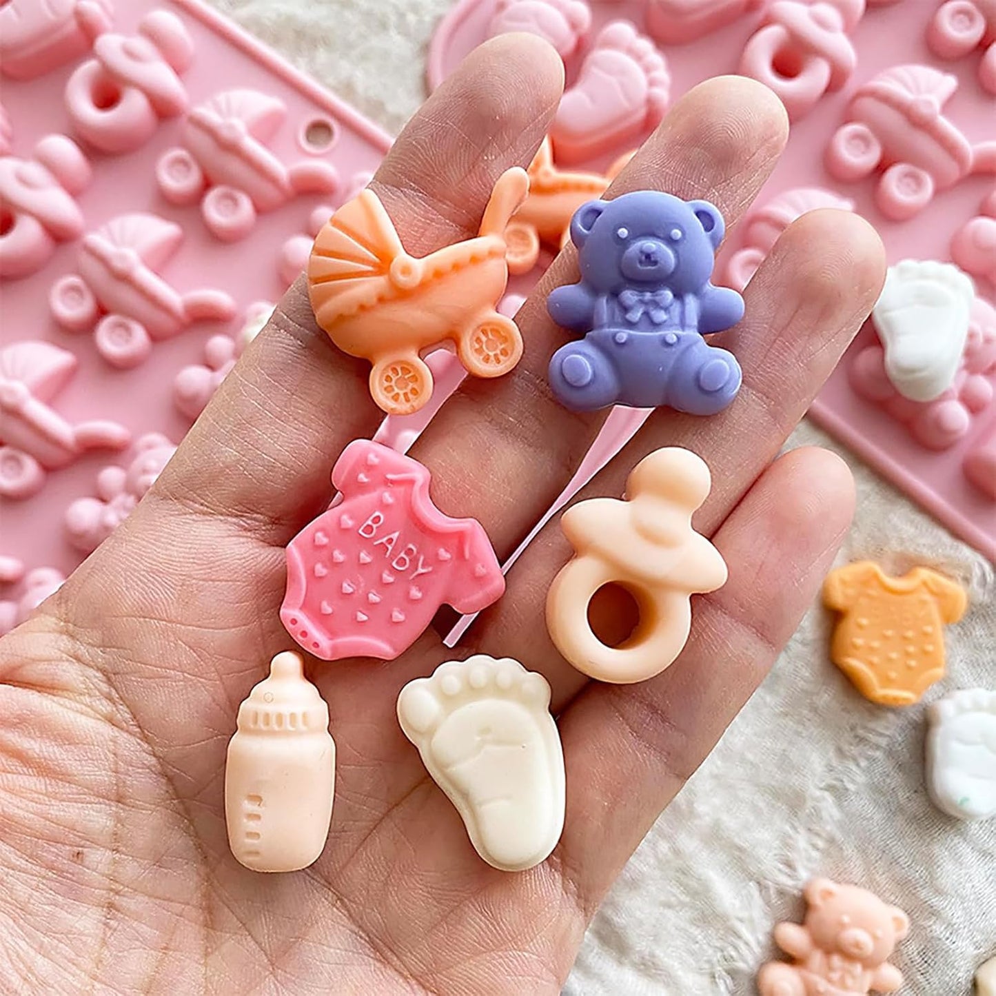 2 Pcs Baby Shower Chocolate Molds, 35 Cavity Baby Feet Mini Molds Baby Bottle Pacifier Baby Onesie Baby Carriage Bear Molds for Baby Shower Party Cake Decoration Cupcake Topper