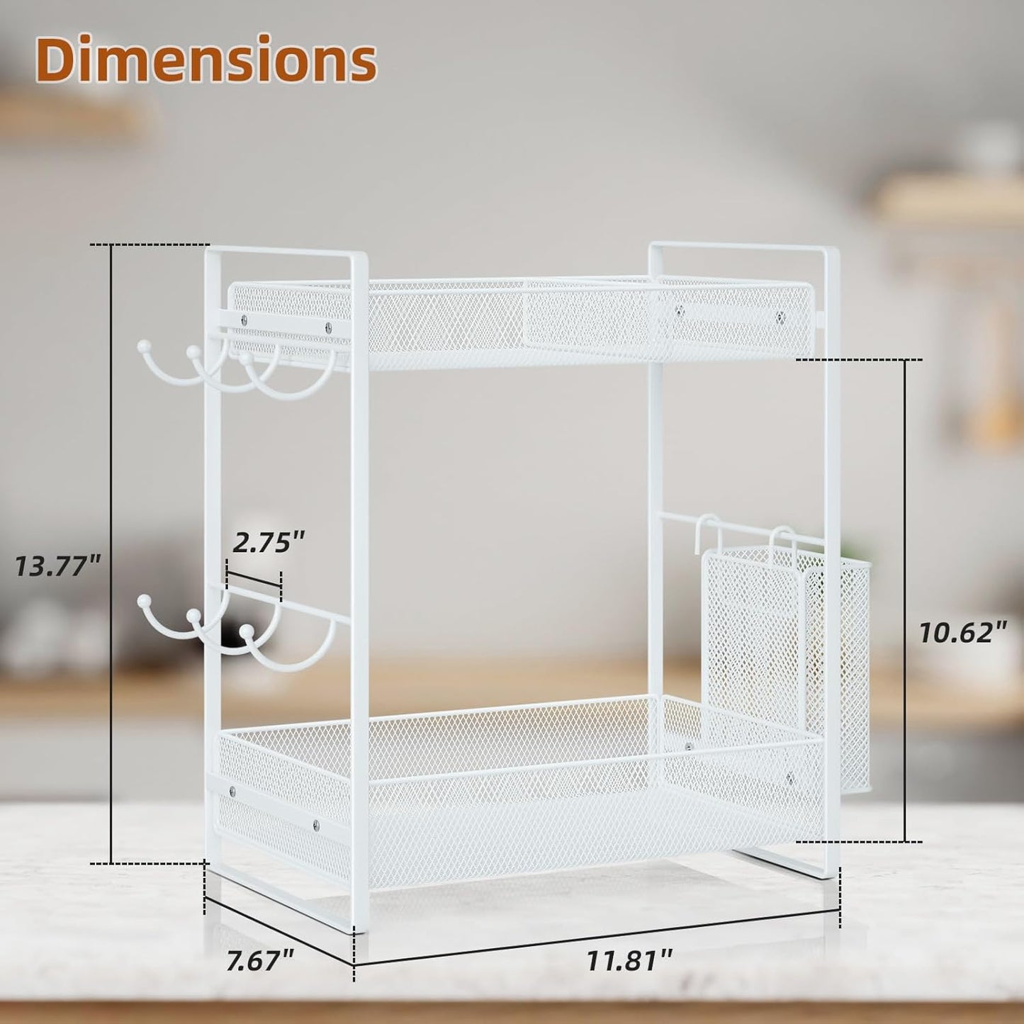VITVITI Coffee Bar Organizer with Mug Holder, Metal Coffee Station Organizer for Countertop, 2 Tier Cup Mug Holders Rack with Basket for Kitchen Office, Black