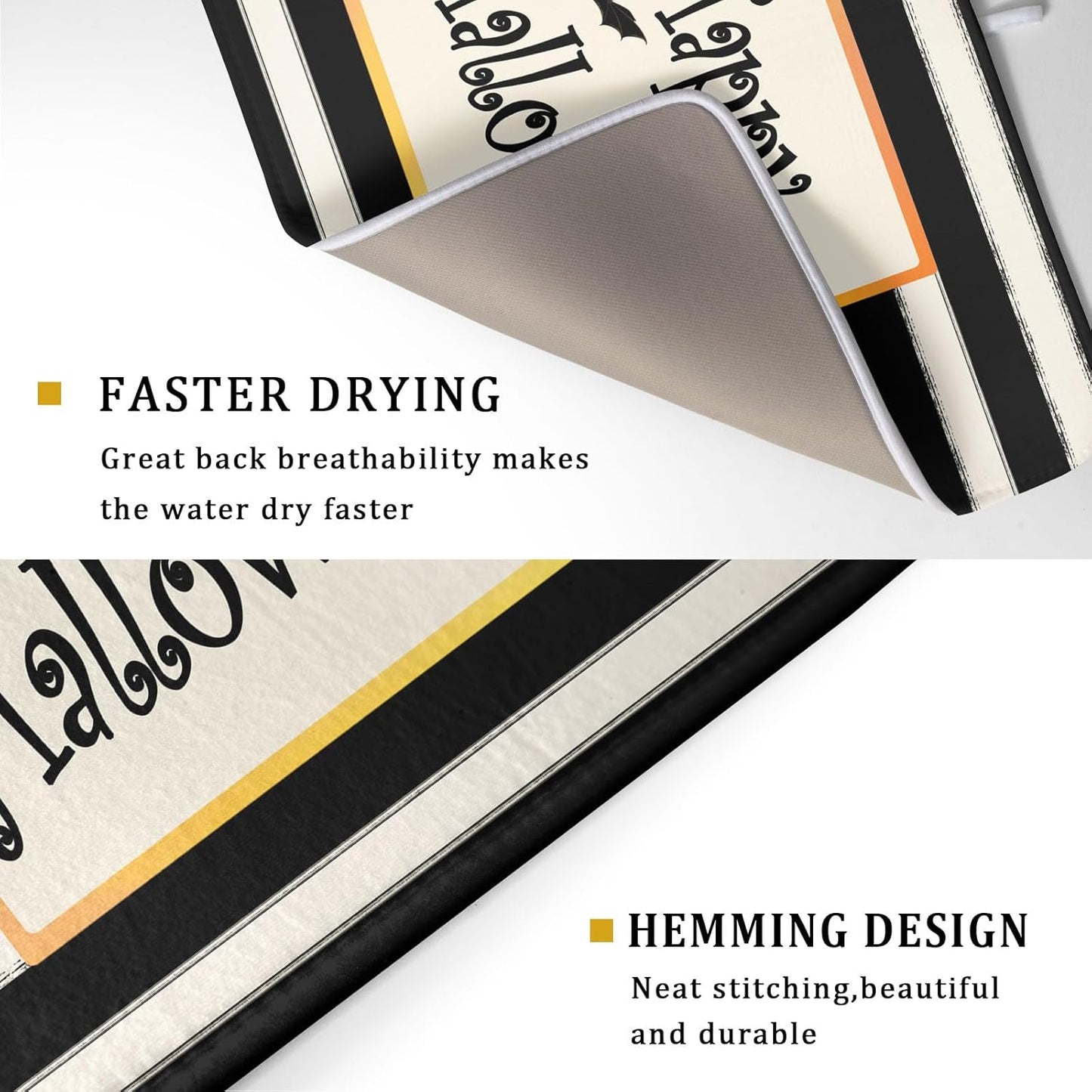 Happy Halloween Bats Dish Drying Mat for Kitchen Counter,Black and White Stripe Drying Mat 18 x 24 Inch with High Absorbent Microfiber Dish Drying Pad Dish Rack Pad Drainer Mat for Coffee Bar