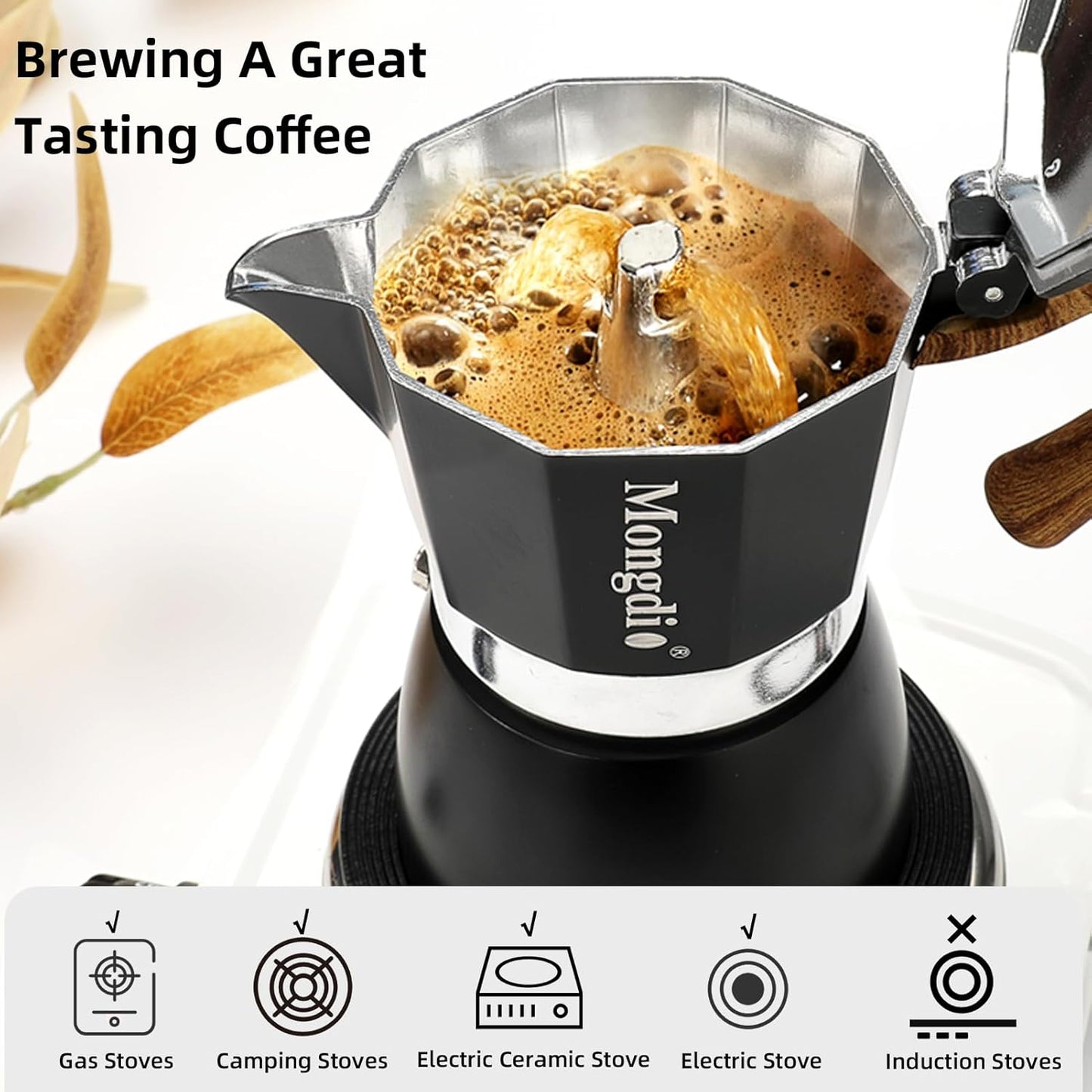 Mongdio Stovetop Espresso Maker Moka Pot, Cuban Coffee Maker Stove top coffee maker Moka Italian Espresso Greca Coffee Maker Brewer Percolator, 3 Espresso Cups, 5 oz - Black