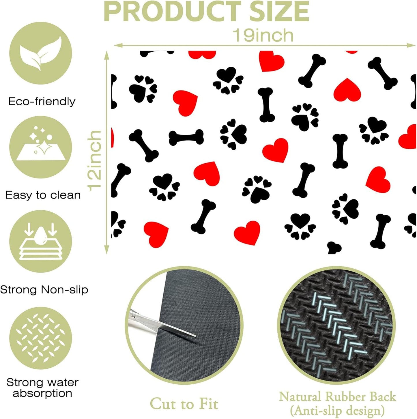 Dish Drying Mat Cute Dog Bone Paw Print Red Heart Kitchen Mat 12"x19" Bsorbent Coffee Maker Mat for Dishes,Utensils Coffee Maker Pots and Pans Easy Clean Dish Slip Resistant Pad