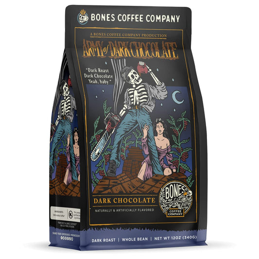Bones Coffee Company Army of the Dark Chocolate Flavored Coffee, Medium Roast Low Acid Arabica Beans Compatible with Auto drip and French Press Coffee Maker, 12 Oz Whole Bean